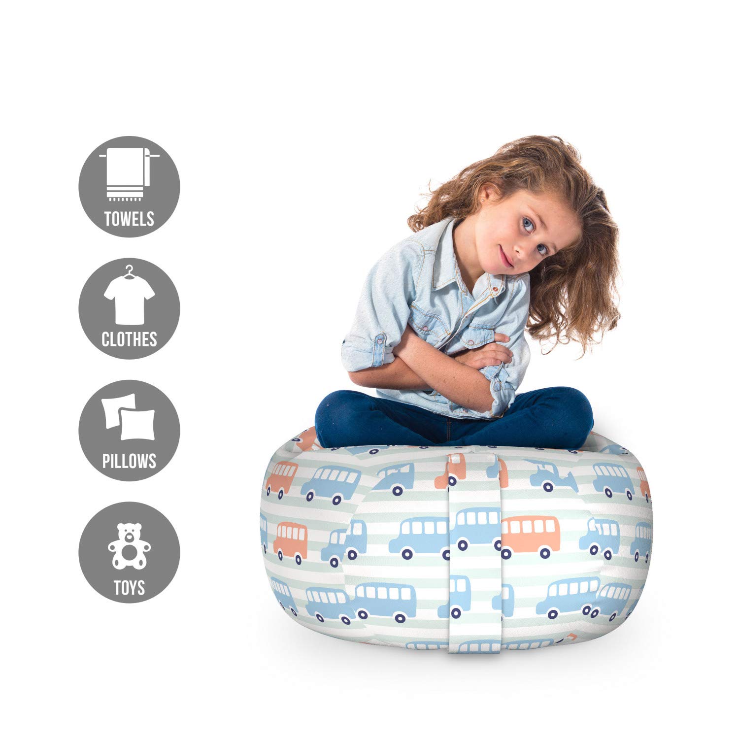 Ambesonne Cartoon Toy Storage Bag Chair - Horizontal Bus Design, Washable Stuffed Animal Organizer (Small Size, Cadet Blue Peach) | Perfect for Kids' Room, Playroom & Nursery Organization