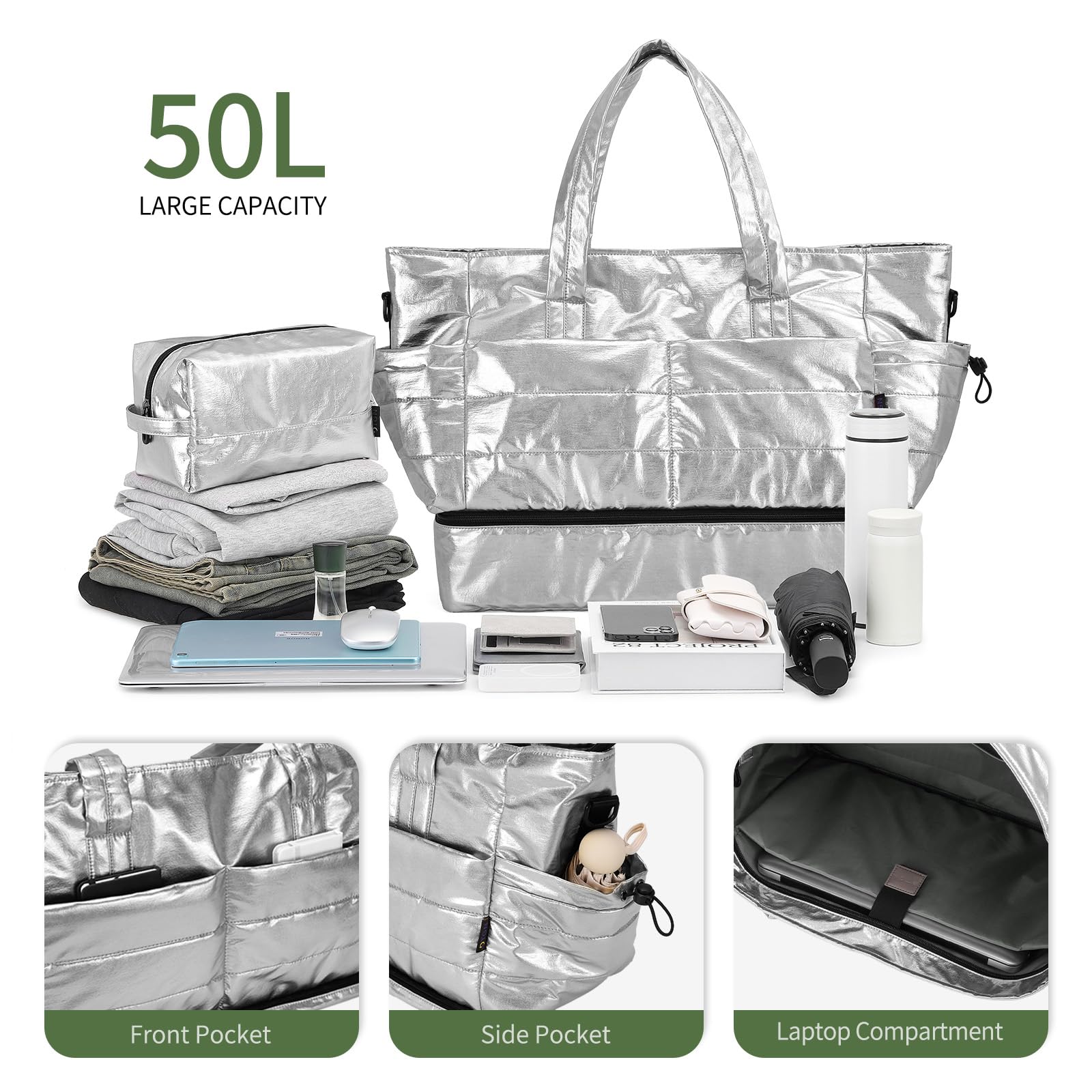 Women's 50L Large Travel Duffel Bag with Shoe Compartment - Waterproof Gym Bag & Weekender Overnight Bag for Women (Silver) - Perfect for Gym, Travel, Sports & Weekend Getaways
