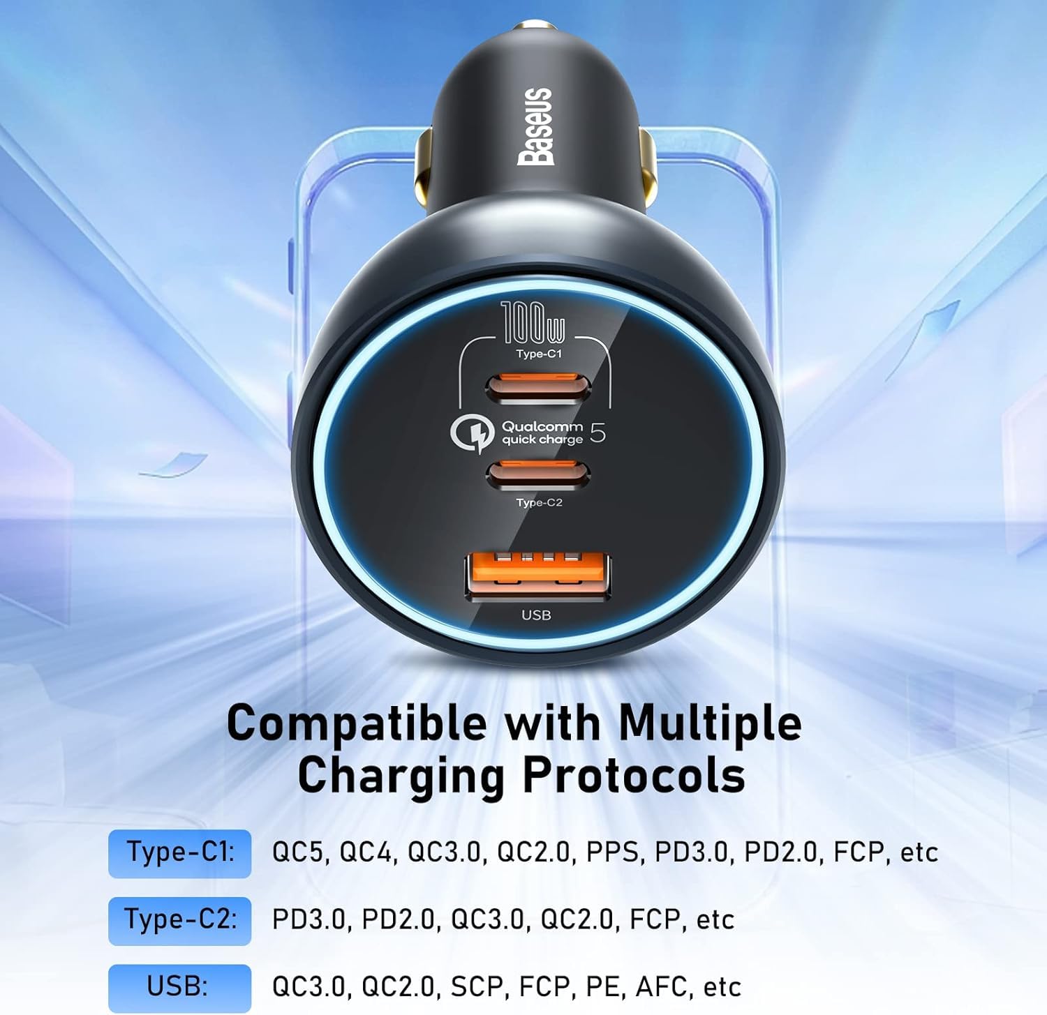 Baseus 160W USB C Car Charger with QC5.0 & PD3.0 PPS - 3 Port Super Fast Charging Adapter for iPhone 15/14/13 Pro, Samsung S22, iPad & MacBook Pro - Perfect for Road Trips & Daily Commutes
