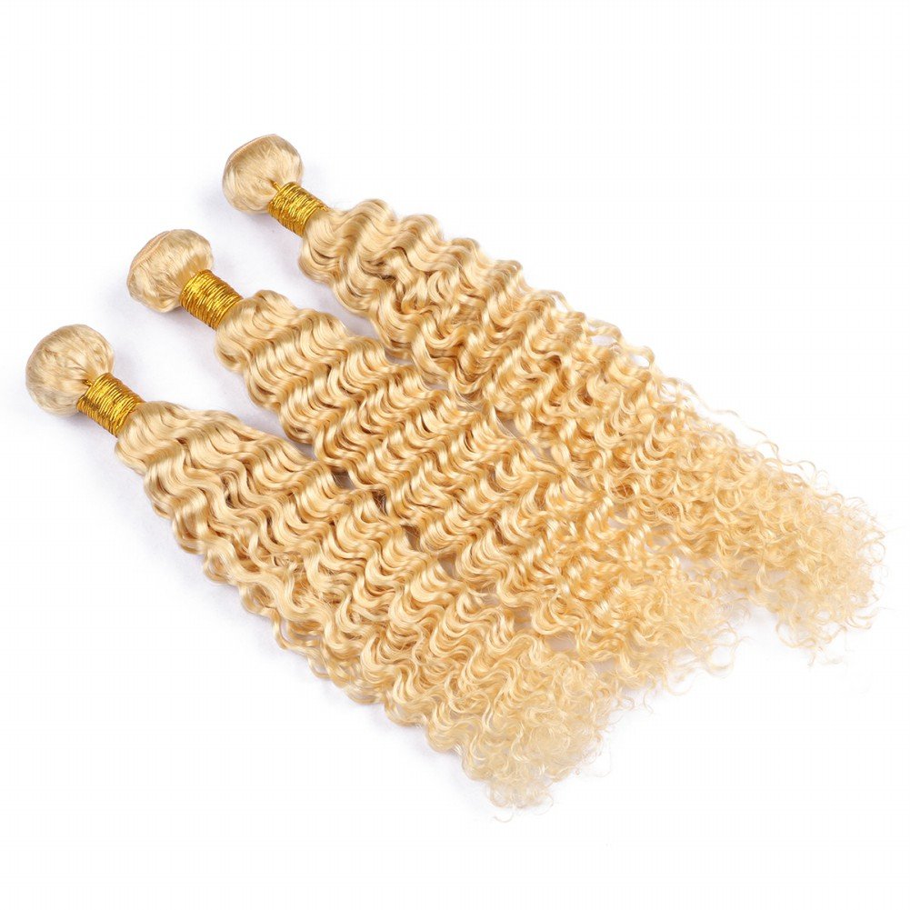 Brazilian Virgin Human Hair 360 Frontal & 3 Bundles - Blonde 613 Deep Wave Pre Plucked Hair Extensions (14/16/18+12 Inch) for Stunning Curly Hairstyles & Everyday Glam Looks