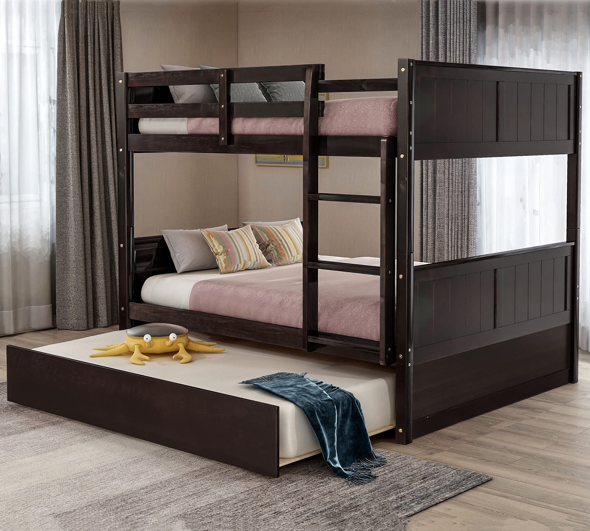 P PURLOVE Full Over Full Bunk Bed with Twin Trundle - Solid Wood Bunk Bed Frame with Safety Rail & Ladder - Space Saving Bunk Beds for Kids, Teens & Guest Rooms - No Box Spring Needed (Espresso Finish) - Perfect for Small Bedrooms, Dorms & Vacation Homes