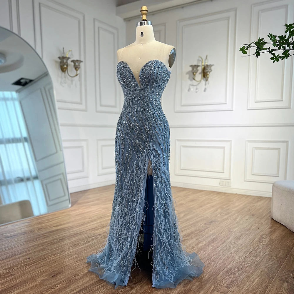 Elegant Blue Feather Beaded Evening Gown with Side Slit - LA72695 | Perfect for Prom, Gala & Formal Events