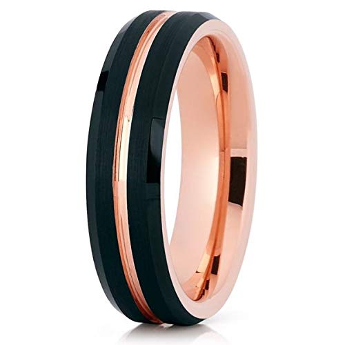 Rose Gold Tungsten Wedding Ring for Men & Women - 18k Rose Gold Black Tungsten Carbide Band, Comfort Fit Anniversary Ring - Perfect for Weddings, Engagements, and Special Occasions