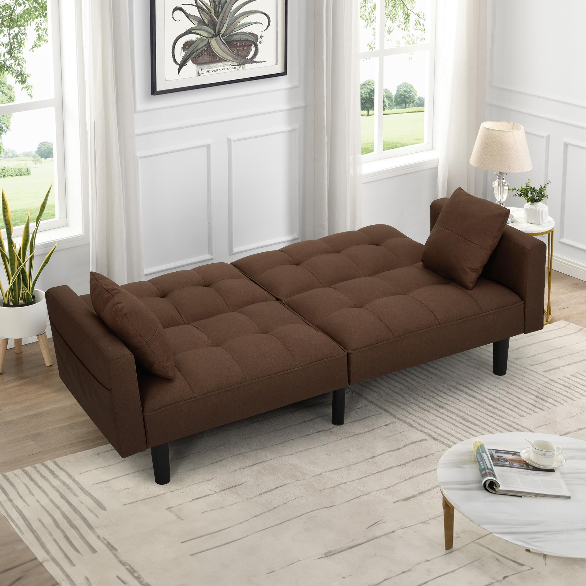AVAWING Convertible Futon Sofa Bed - Modern Linen Fabric Upholstered Couch with Adjustable Backrest, Armrests & Durable Nylon Legs - Space-Saving Sleeper Sofa for Small Apartments, Living Rooms & Home Offices (Brown) - Perfect for Guest Sleeping, Lounging & Compact Spaces