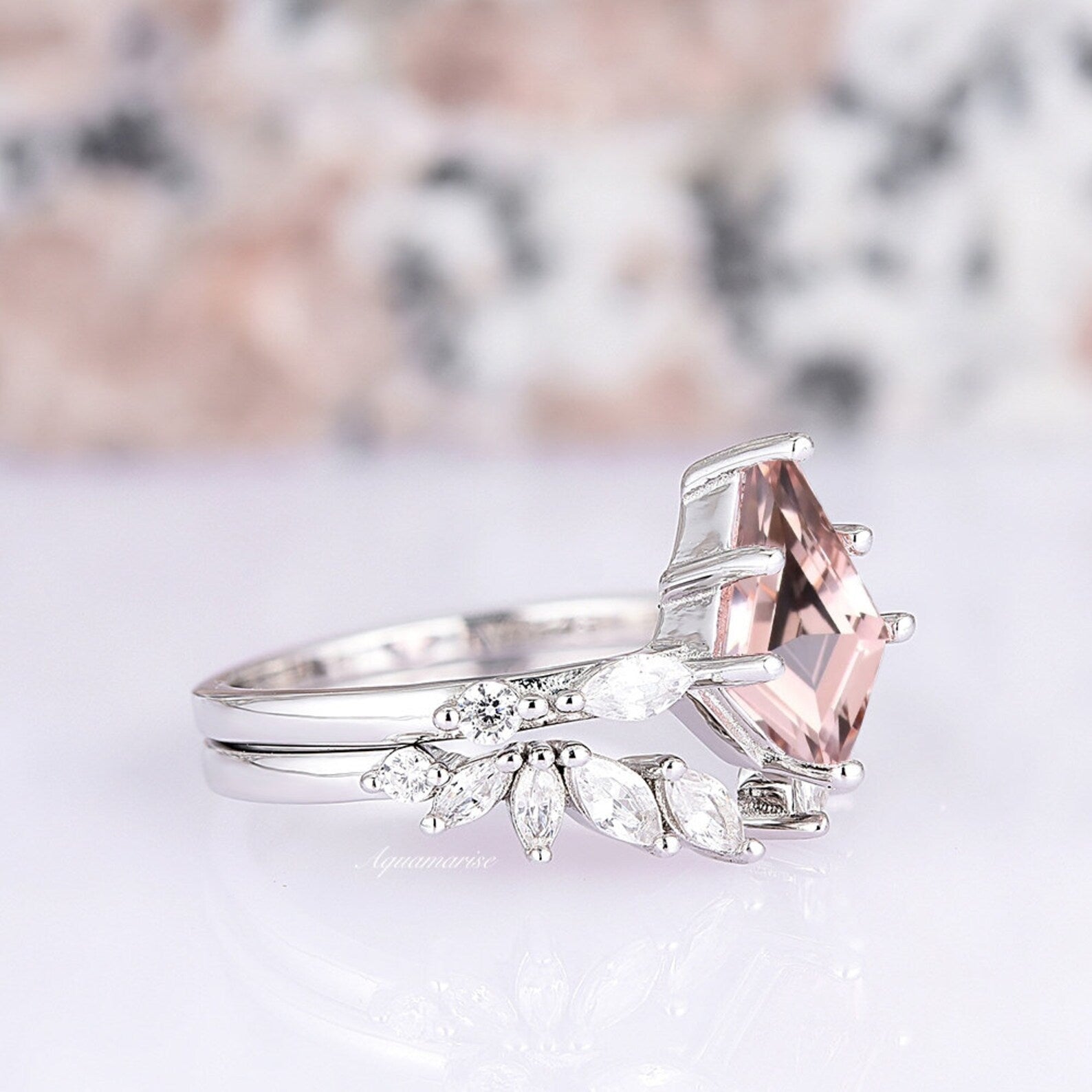 Morganite & Sterling Silver Kite Ring Set for Women - Elegant Stackable Rings for Engagement, Wedding, Anniversary & Everyday Wear