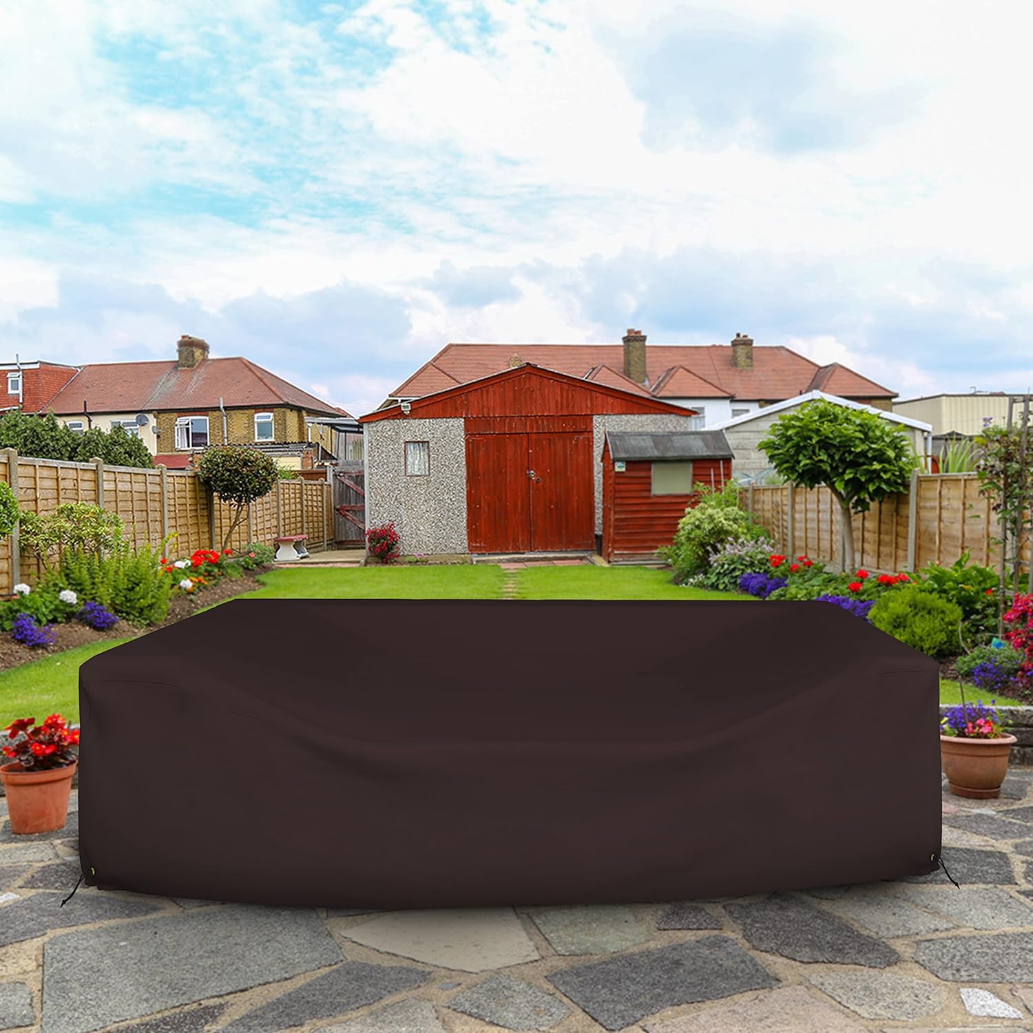 Heavy Duty 18 Oz Waterproof Sectional Sofa Cover - UV & Weather Resistant Outdoor Patio Couch Protector with Air Pockets & Drawstrings (124