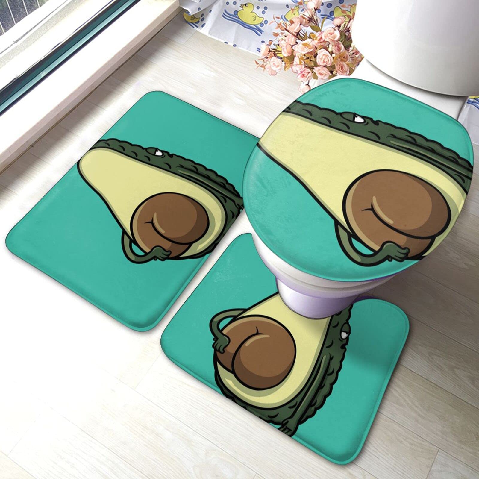 Avocado Shaped Bathroom Rugs Set - 3 Piece Non-Slip Absorbent Bath Mat for Toilet, Living Room & Home Decor | Cute Kitchen & Bedroom Floor Mats