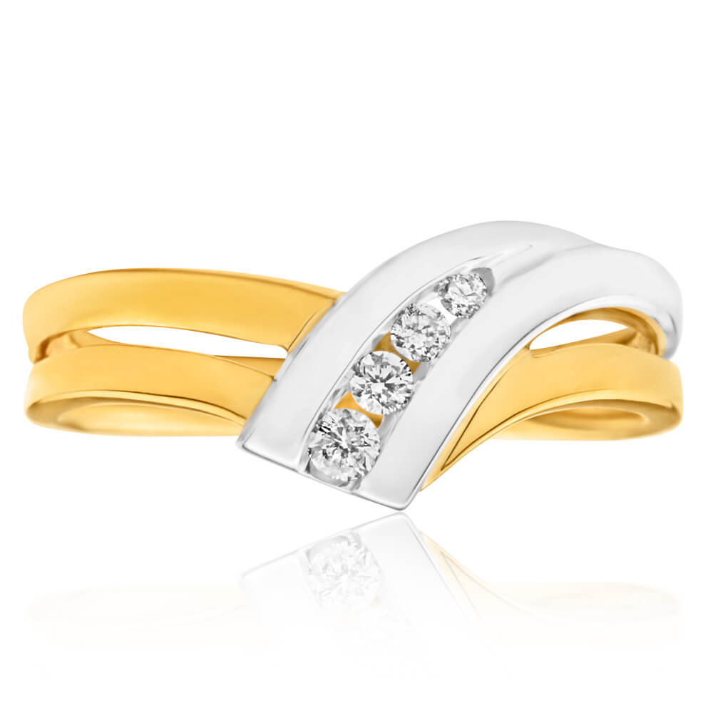 9ct Yellow Gold & White Gold 'Anari' Diamond Ring - 0.1 Carats, Elegant Stackable Ring for Women, Perfect for Anniversary, Engagement or Everyday Wear