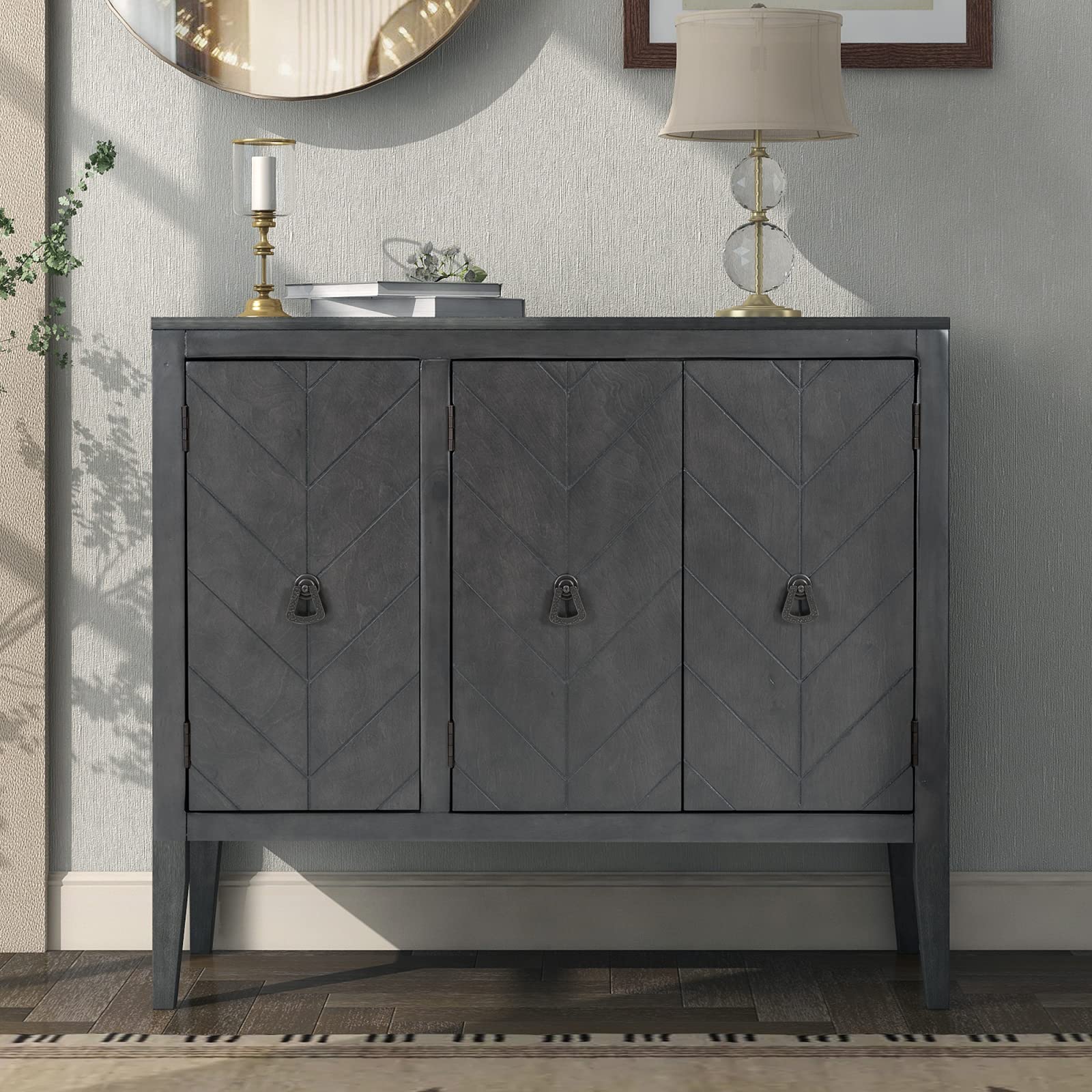 Modern Wooden Storage Cabinet with 3 Doors & Adjustable Shelves - Entryway Console Table for Living Room, Bedroom & Hallway - Gray Accent Furniture for Home Organization & Decor