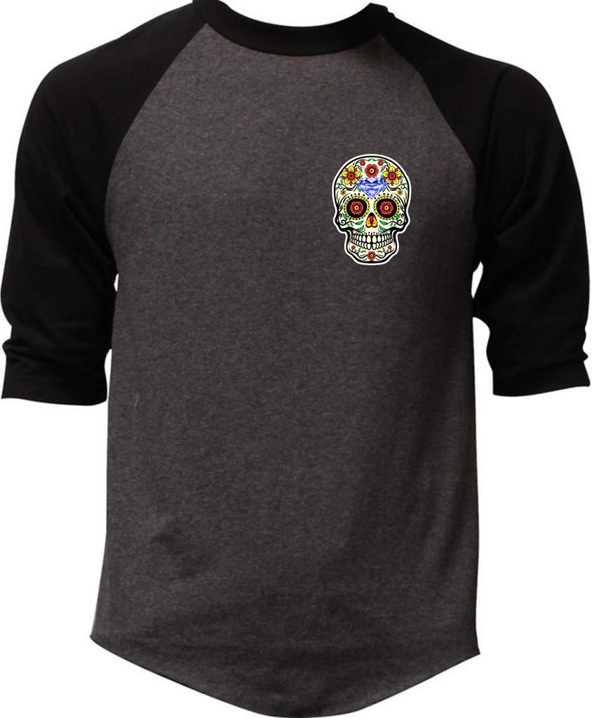 Men's Sugar Skull Raglan Baseball T-Shirt - Charcoal/Black - Gothic Streetwear for Halloween, Day of the Dead & Casual Wear