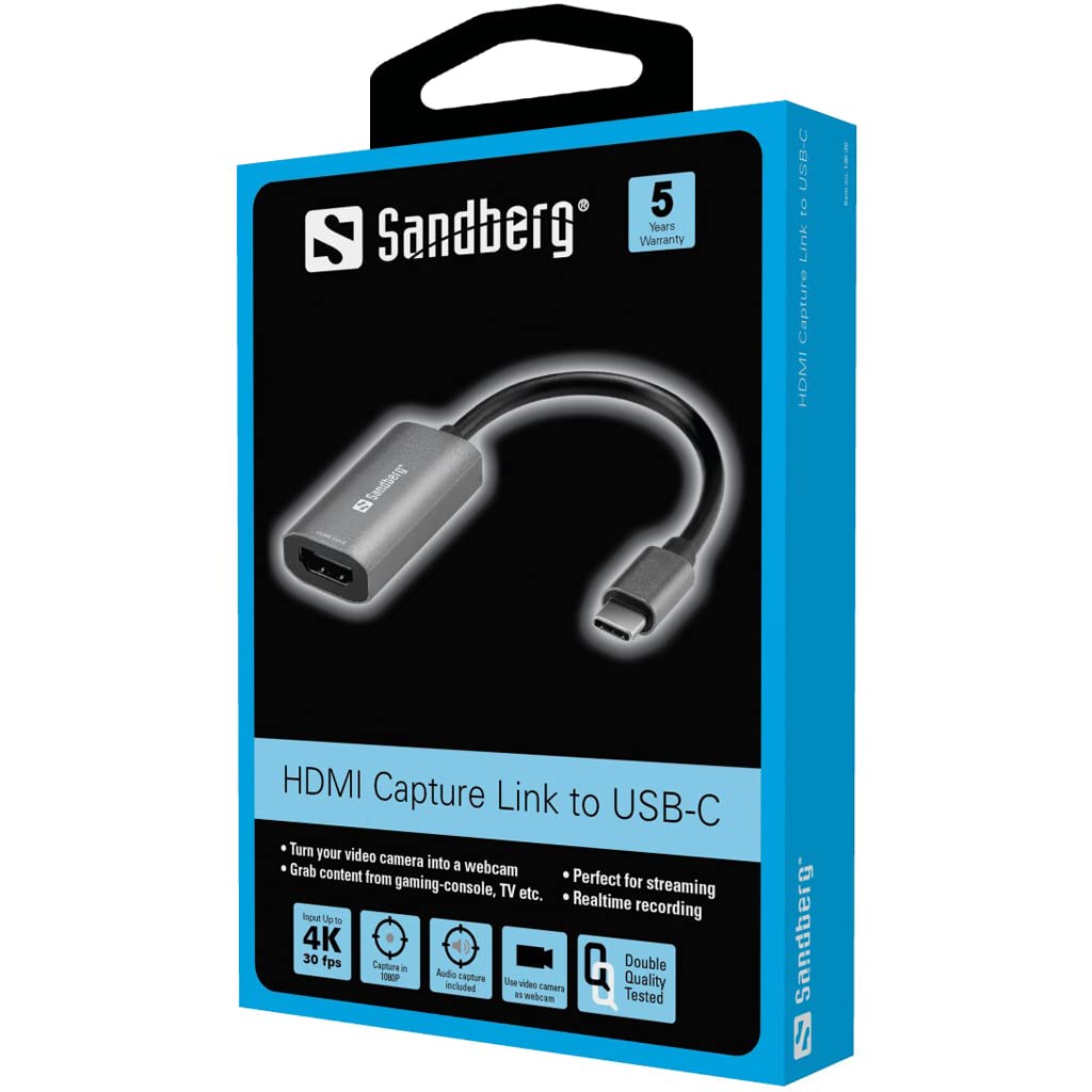 Sandberg HDMI to USB-C Capture Card 4K 30FPS, Full HD 1080p Video Capture Device for Xbox PS4 Switch Streaming, HDMI to USB-C Adapter for Gaming, Live Streaming & Conference Presentations