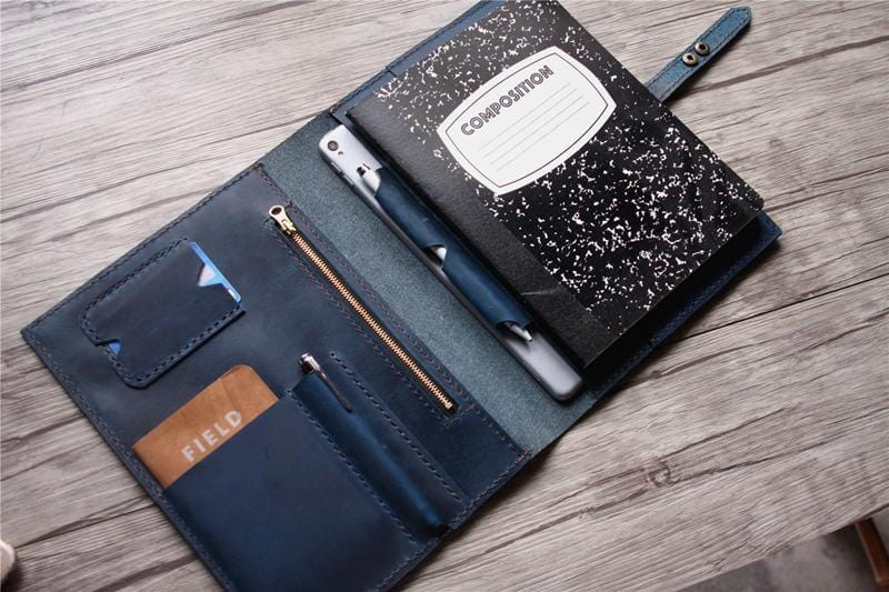 Distressed Blue Leather Zippered Portfolio - Professional Business Document Organizer for Office, Meetings & Travel