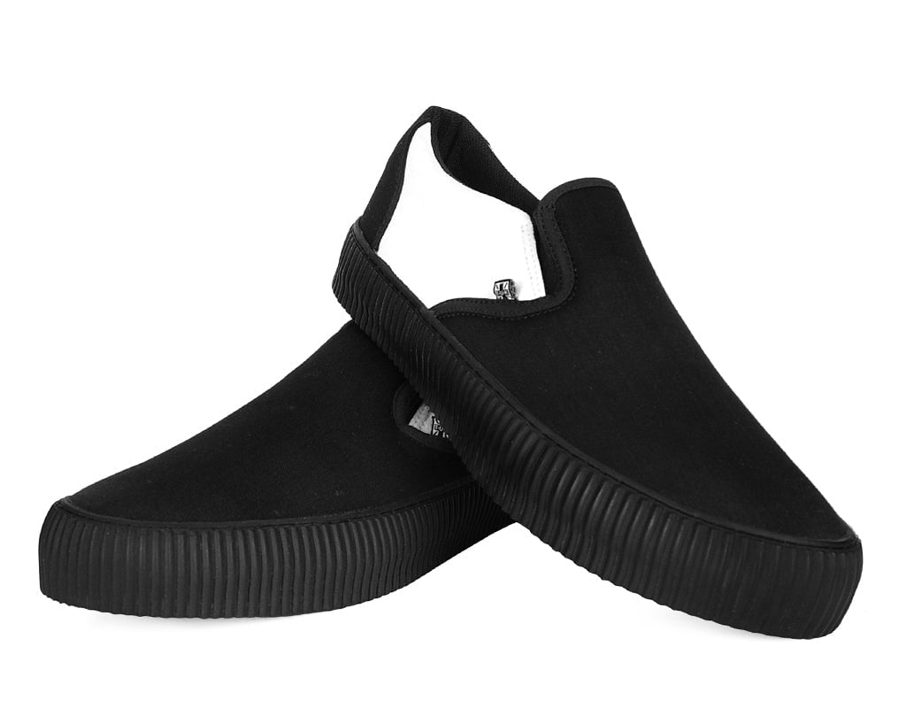 Black & White Twill Skull Slip-On Creeper Sneakers - Gothic Punk Streetwear Shoes for Men & Women | Perfect for Concerts, Halloween & Alternative Fashion