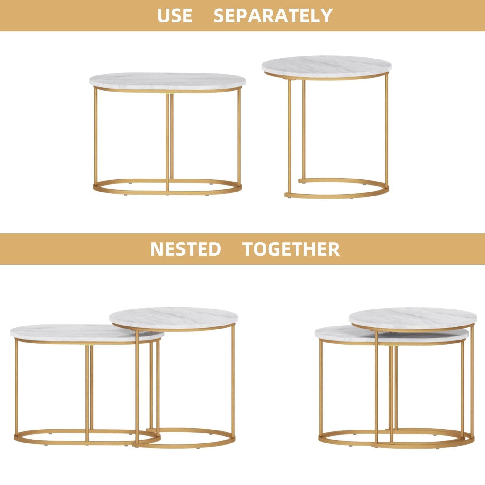 SogesHome Golden Marble Nesting Tables Set of 2 - Modern Stacking Side Tables for Living Room, Balcony & Office Decor - Perfect for Small Spaces & Stylish Home Accents