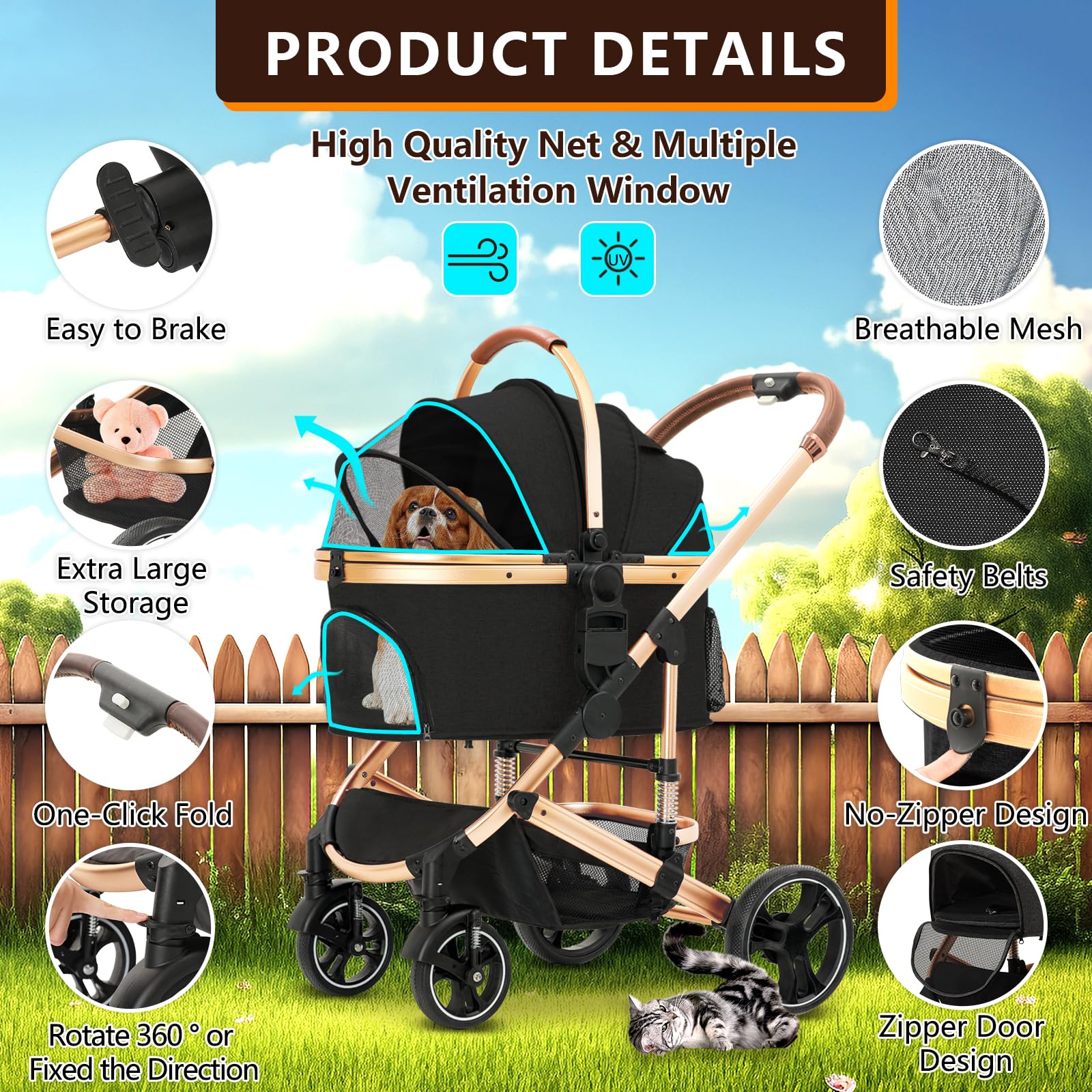 Premium 3-in-1 Folding Lightweight Pet Stroller with Detachable Carrier & Storage Basket - 4 Wheel Travel Stroller for Dogs, Puppies & Cats (Black) | Perfect for Vet Visits, Outdoor Walks & Shopping Trips