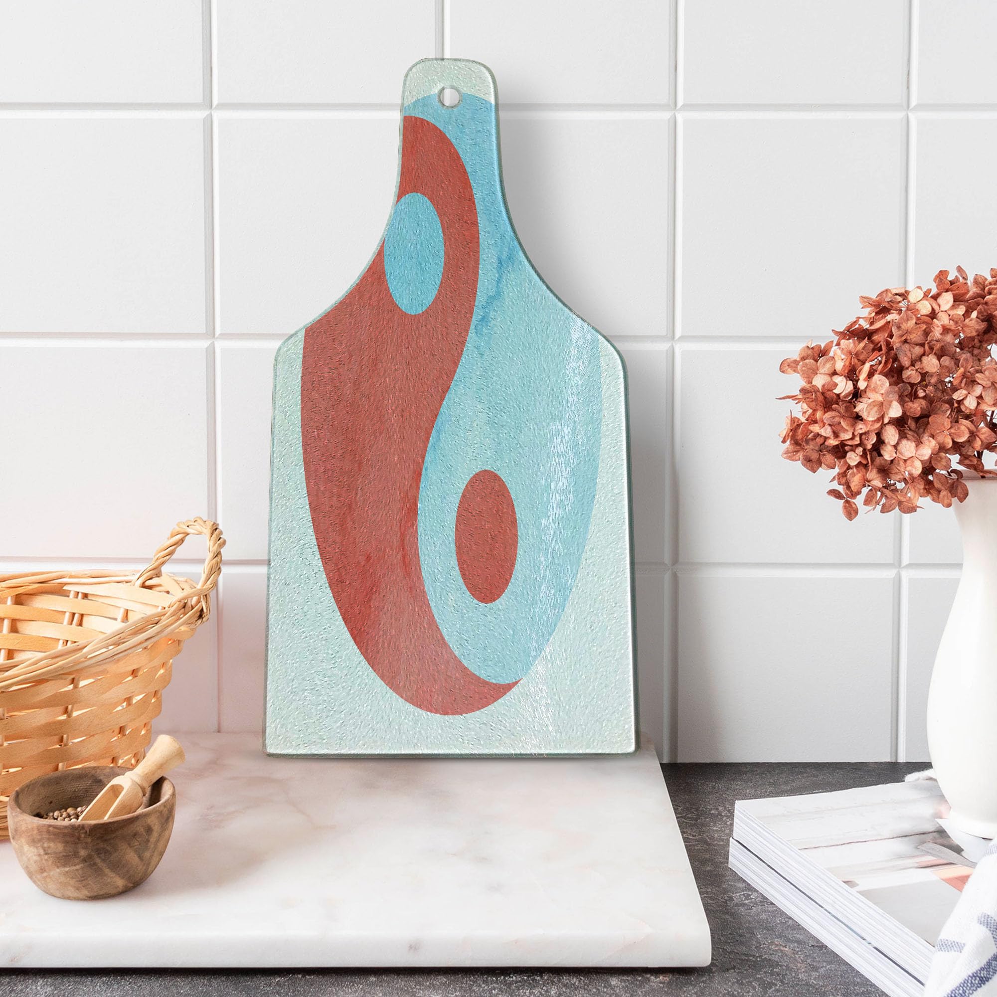 Ambesonne Yin Yang Cutting Board - Watercolor Painting Style Asian Art Culture Theme, Tempered Glass Serving Board for Kitchen & Dining, Wine Bottle Shape in Red Blue White - Perfect for Sushi, Cheese & Charcuterie Display
