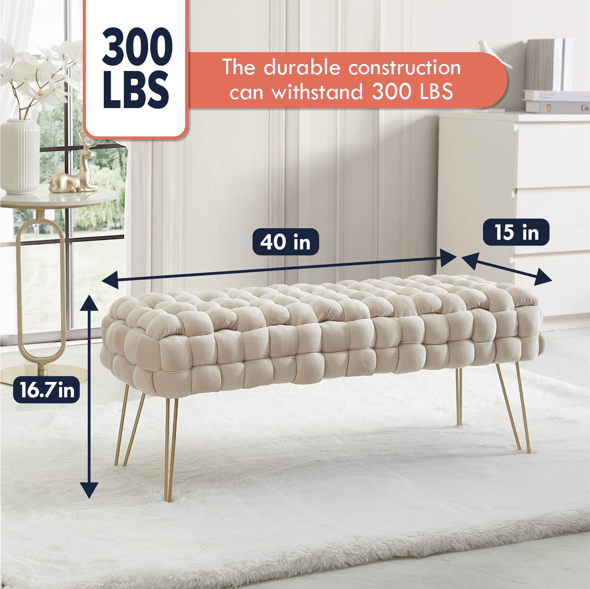 Ornavo Home Mirage Modern Contemporary Woven Upholstered Velvet Long Bench Ottoman with Gold Metal Legs - Cream | Stylish Living Room Seating, Bedroom Footrest & Entryway Decor