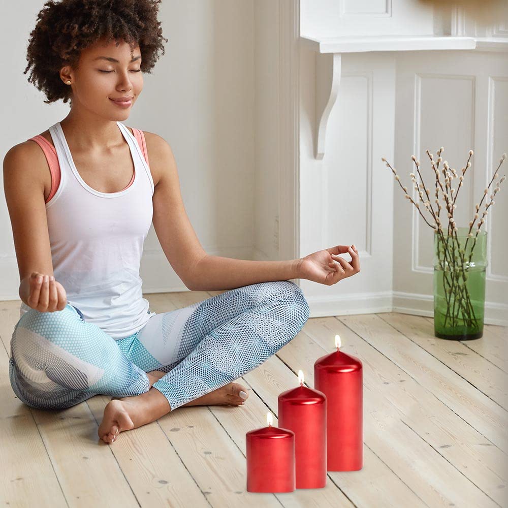 Bask Metallic Red Cone Top Pillar Candles - Set of 3 Dripless Unscented 3x6 Inch Holiday Candles for Home Decor, Wedding Centerpieces, Christmas Table Settings & Relaxation