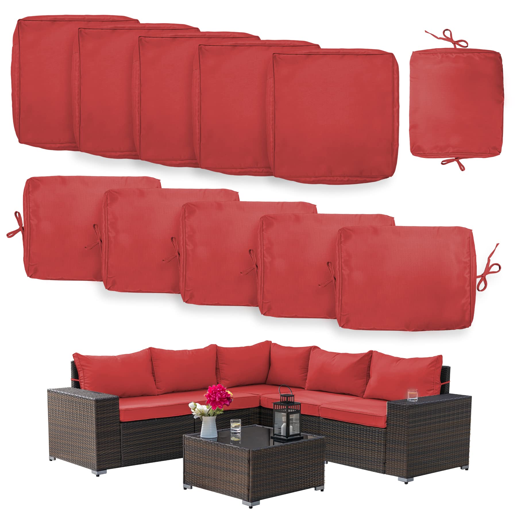 11-Piece Outdoor Cushion Covers Set - Waterproof & UV Resistant Patio Furniture Replacement Covers for Sofa, Chair & Back Pillows - Perfect for Garden, Deck, Poolside & Outdoor Living Spaces (Red)