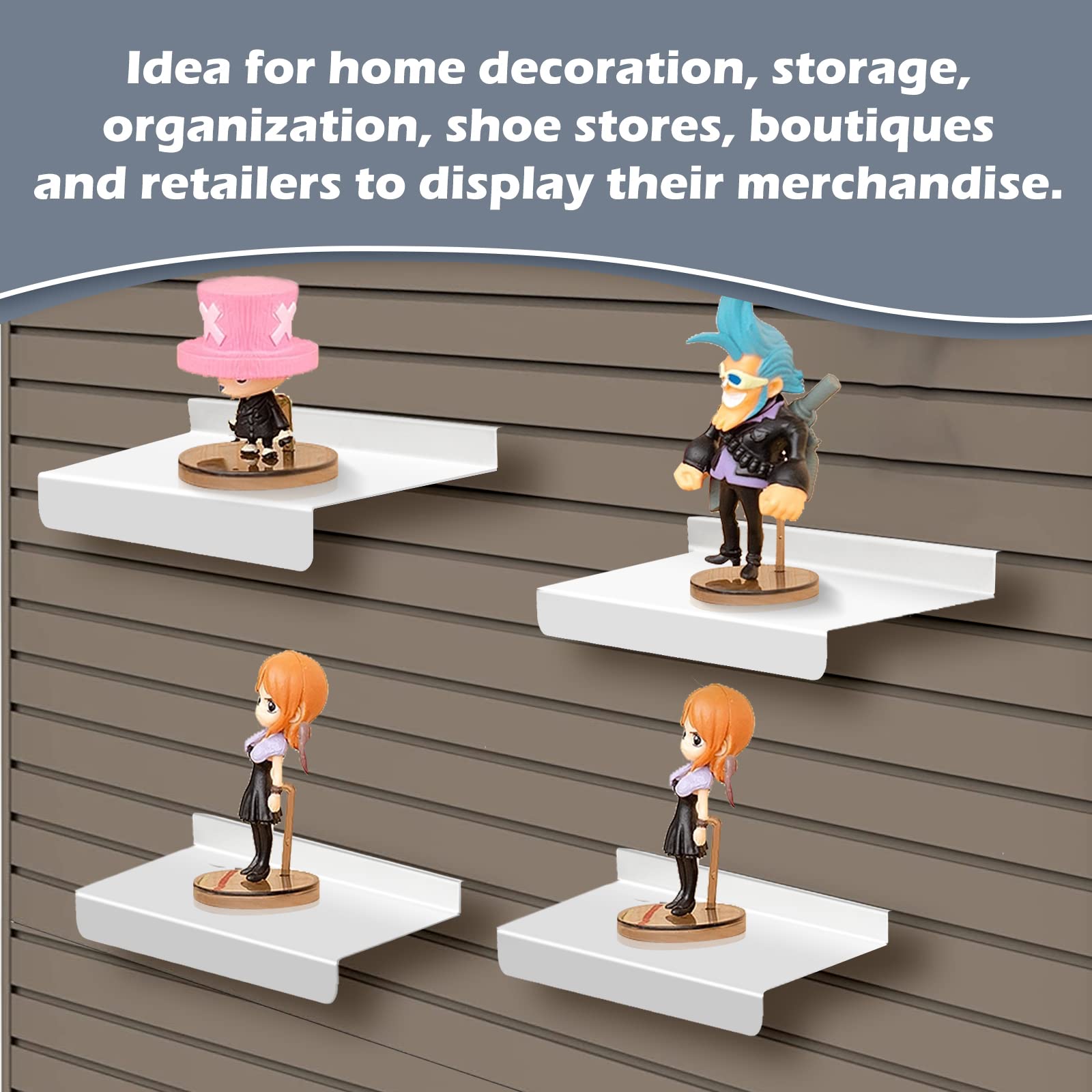 8-Pack White Metal Slatwall Shelves - 4x10 Inch Wall-Mounted Storage Shelves for Retail Display & Home Organization - Modern Tiered Design, Durable Flat Shelves - Perfect for Store Fixtures, Pantry Organization & Garage Storage