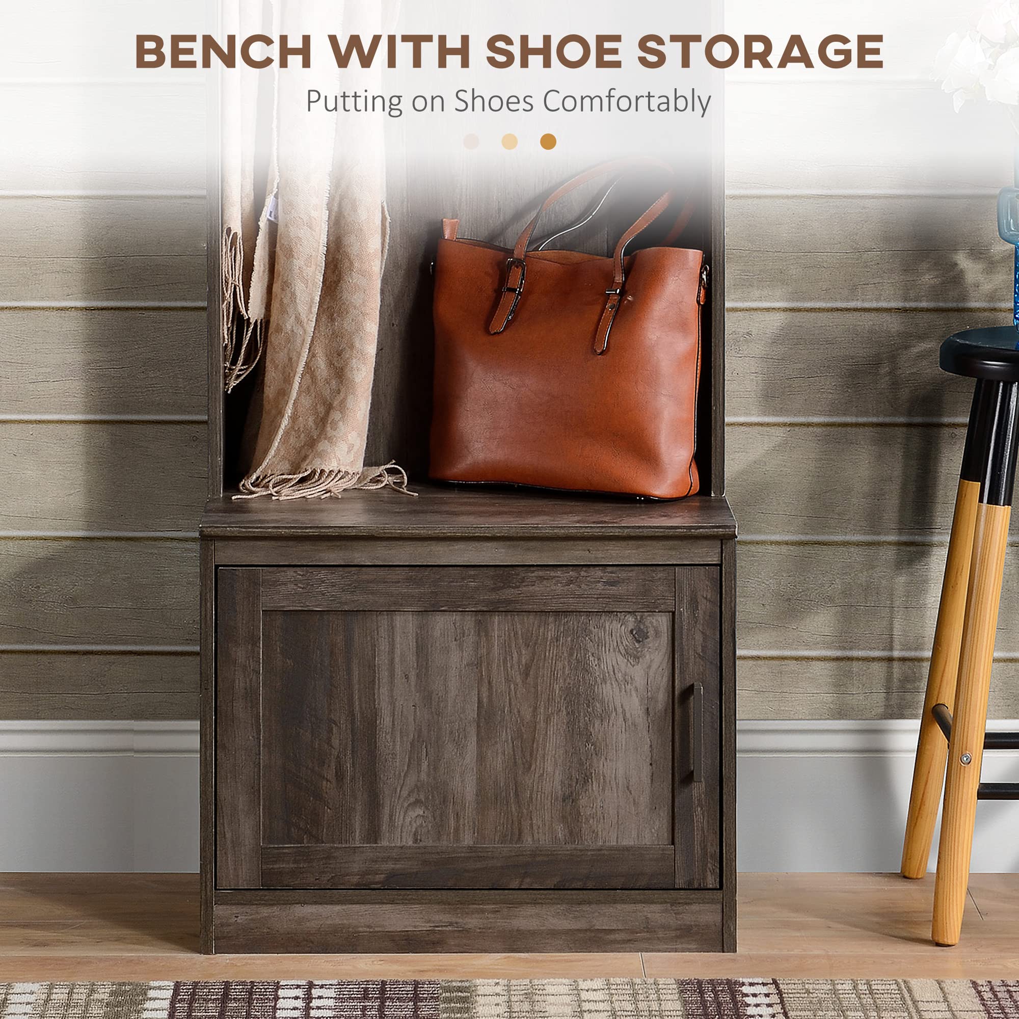 HOMCOM Narrow Hall Tree with Shoe Storage Bench - Rustic Entryway Coat Rack & Storage Shelves for Hallway, Mudroom, Living Room - Brown Wooden Organizer for Coats, Shoes & Home Decor