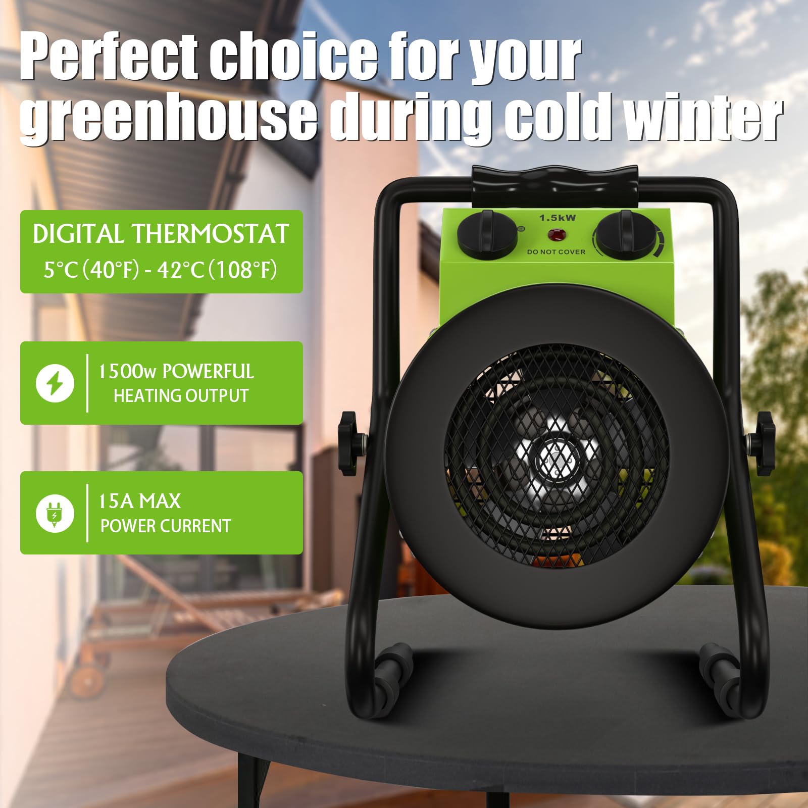 Gardtech 1500W Digital Greenhouse Heater with Thermostat - Portable Outdoor Grow Tent Heater with Overheat Protection & Strong Airflow - Fast Heating for Patio, Garage, Flower House, Greenhouses & Indoor Plants (Green) - Perfect for Winter Gardening, Plant Nurseries & Cold Weather Protection