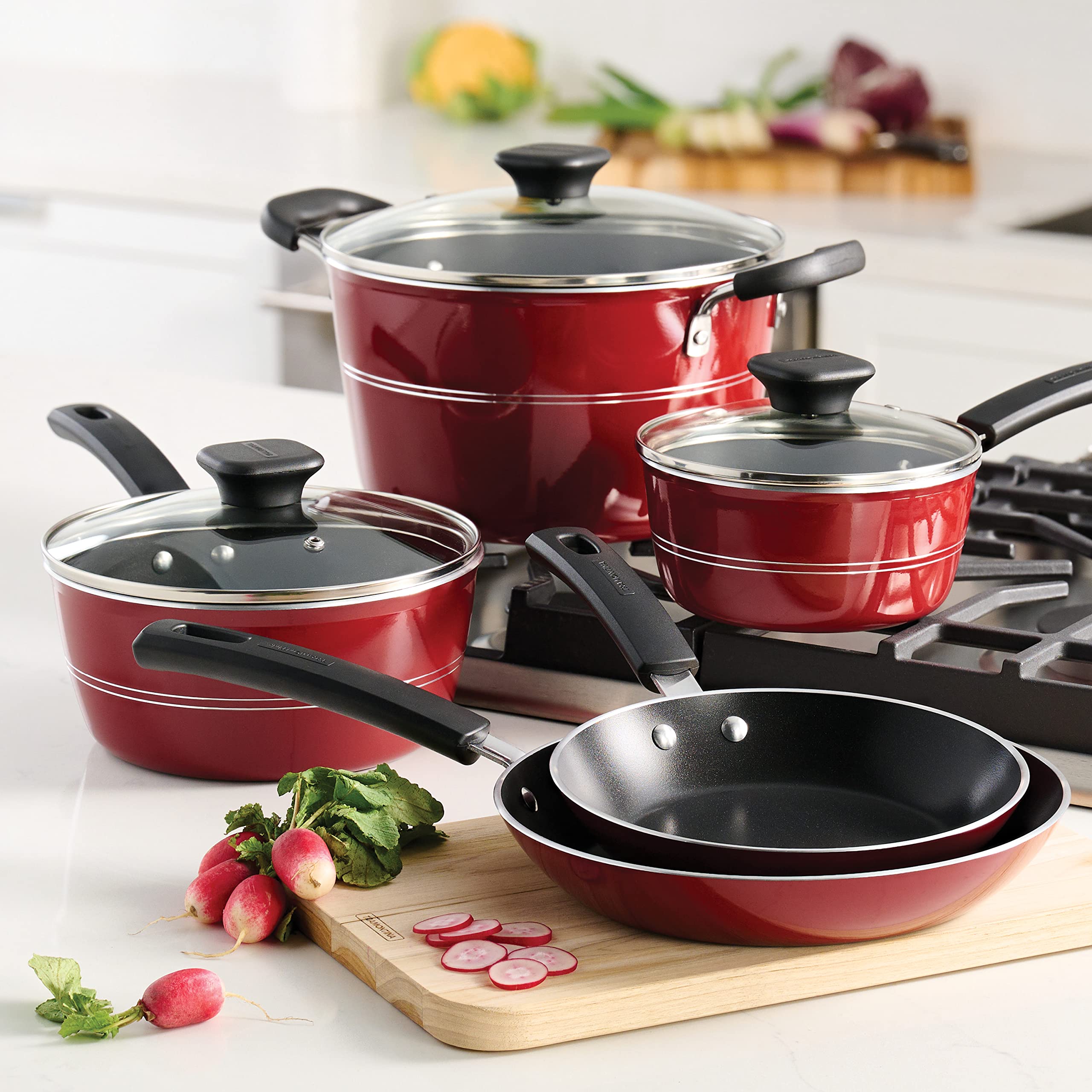 Tramontina Sicilia 8-Piece Nonstick Cookware Set with Glass Lids - Aluminum Pots and Pans Kitchen Set (Raspberry Red) - Perfect for Sauteing, Frying & Everyday Cooking
