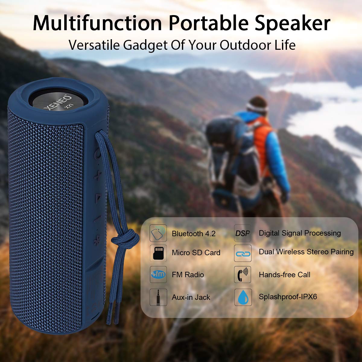 X21 Portable Bluetooth Speaker - Wireless, Waterproof, FM Radio, MP3 Player with Micro SD Card - Perfect for Outdoor, Beach, Camping & Travel (Blue)