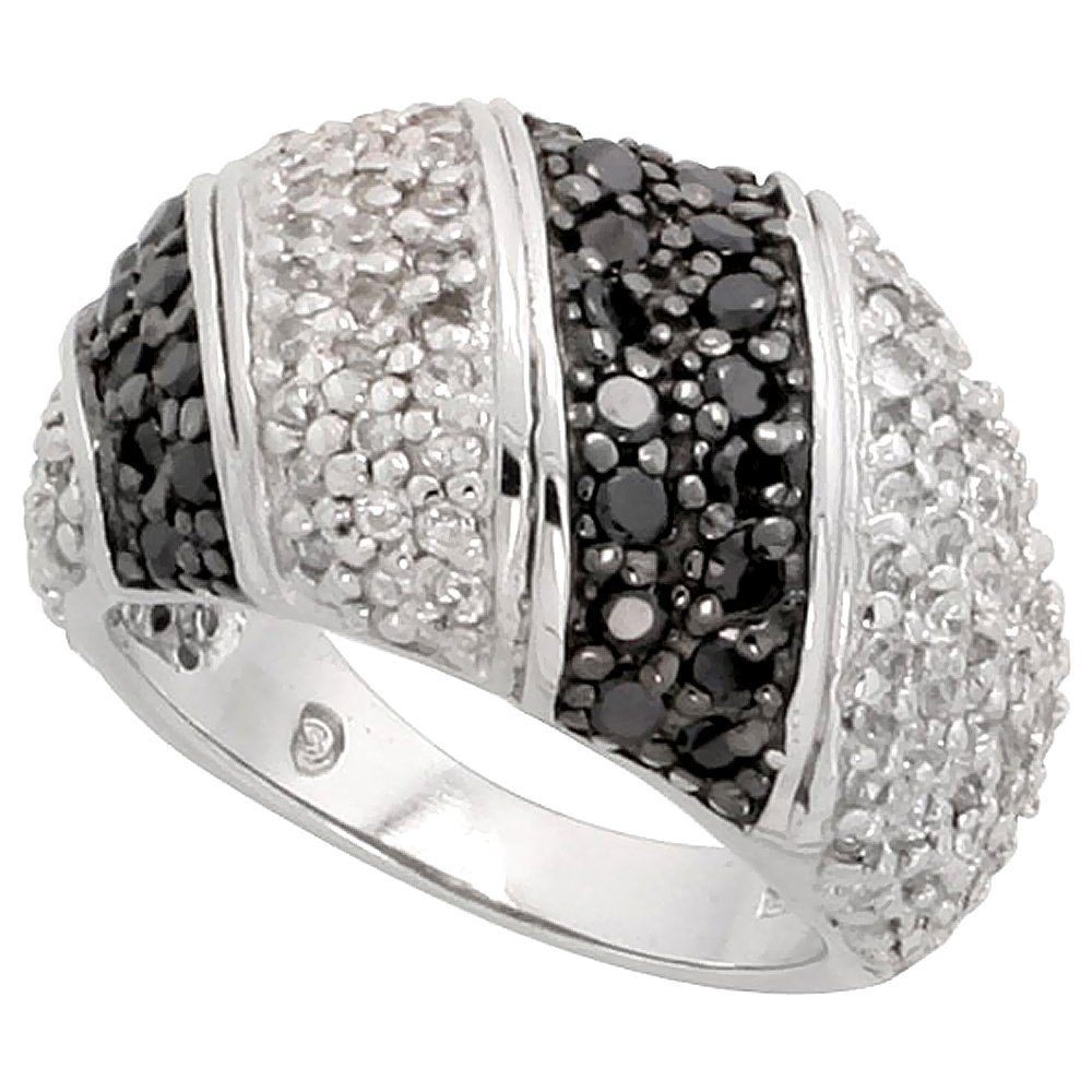 Sterling Silver Black CZ Dome Ring - 1/2 Inch Wide Striped Band for Women - Perfect for Weddings, Parties & Everyday Elegance