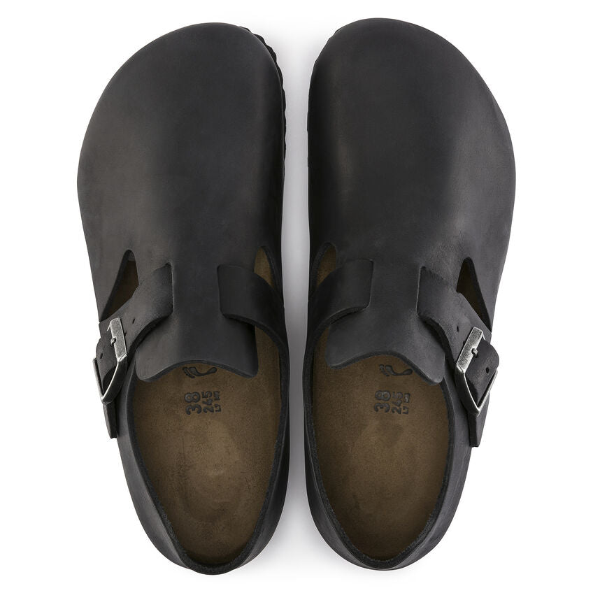 Birkenstock London Oiled Leather Classic Footbed Sandals - Black | Comfortable & Durable Leather Slides for Men & Women | Perfect for Casual Wear, Home & Office