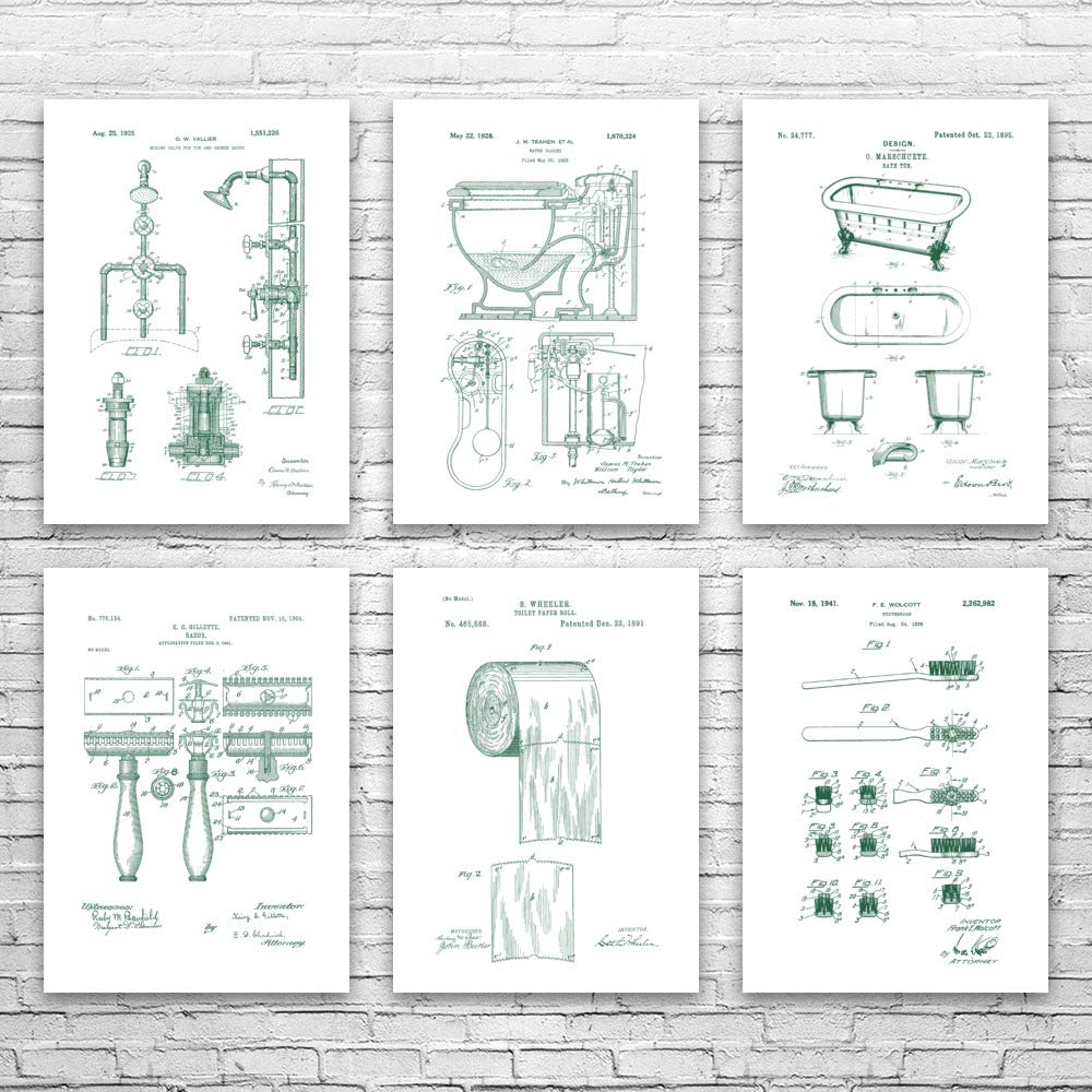 6-Piece Bathroom Patent Poster Set - Plumber & Contractor Gift - Restroom Wall Art Decor - Handyman Gift - Shower Blueprint Design - Green & White (18x24 Inch) - Perfect for Home, Office, Workshop & Man Cave Decor