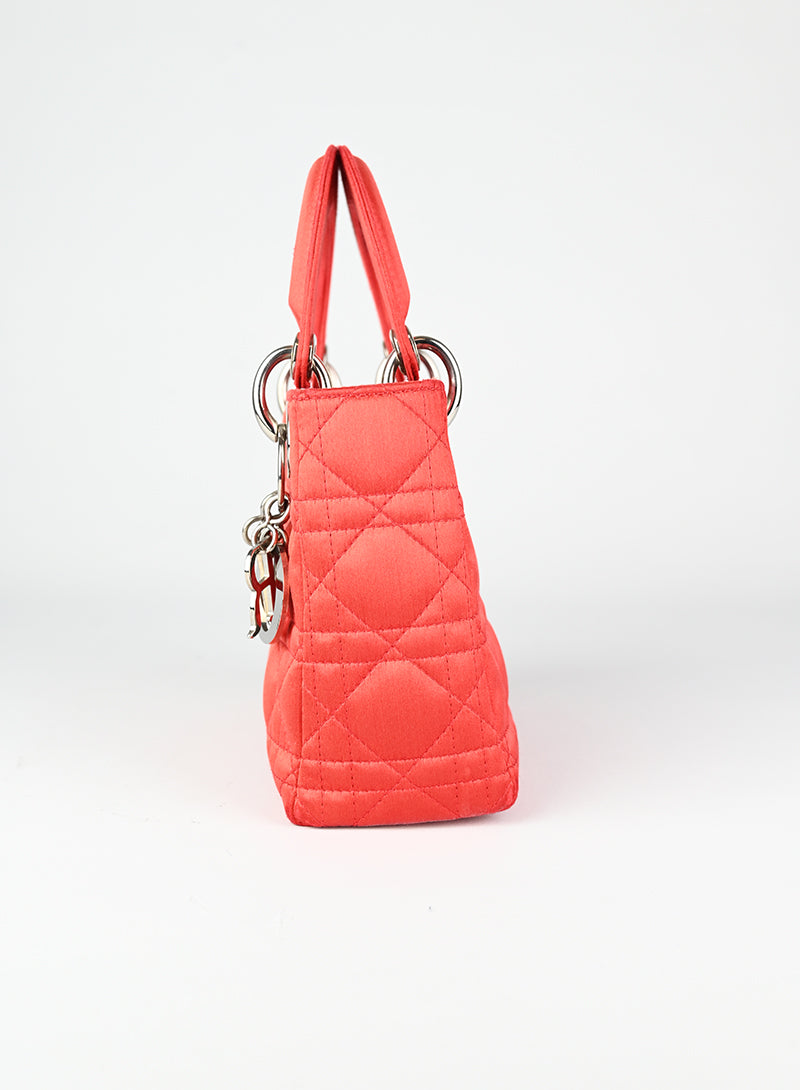 Dior Lady Dior Mini Coral Satin Handbag - Luxury Crossbody Bag for Women, Perfect for Evening Parties & Special Occasions