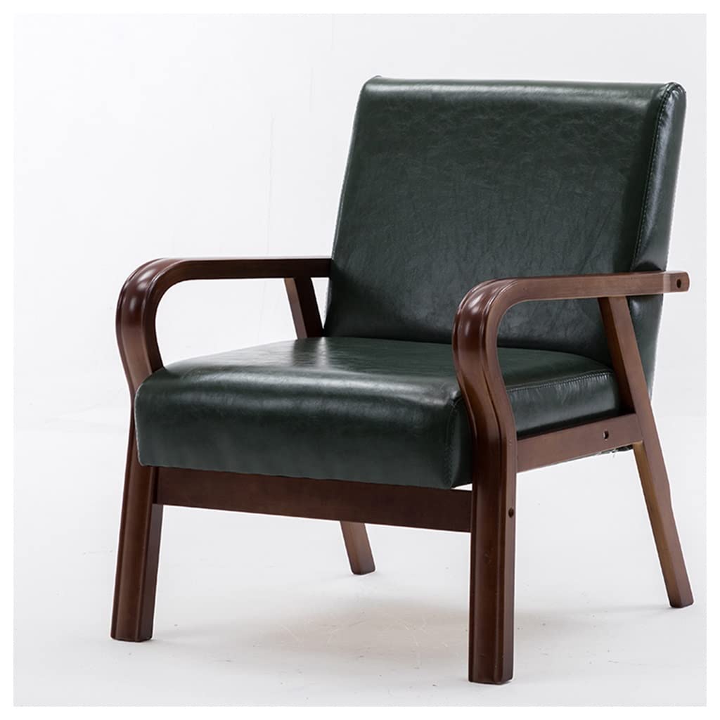 Mid-Century Modern Green Leather Accent Chair - Retro Upholstered Lounge Chair with Arms for Living Room, Bedroom, Dorm or Office - Comfortable Reading Chair with Backrest for Adults - Perfect for Relaxing, Studying or Receiving Guests