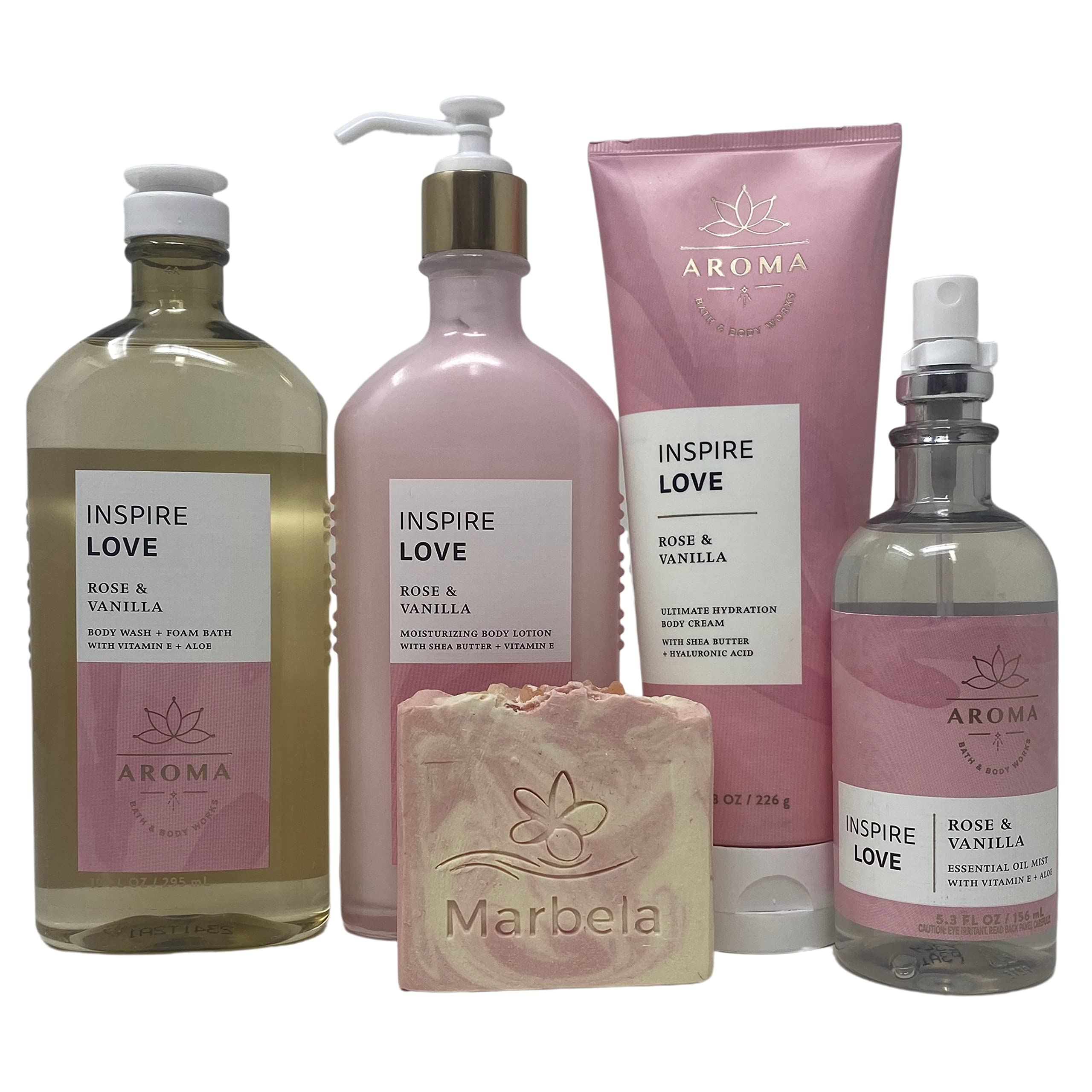 Bath & Body Works Aroma Inspire Love Rose & Vanilla Gift Set - Body Cream, Lotion & Wash with Essential Oil Mist & Himalayan Salt Soap | Valentine's Day Gift, Self-Care Package, Spa Day Essentials for Women & Men