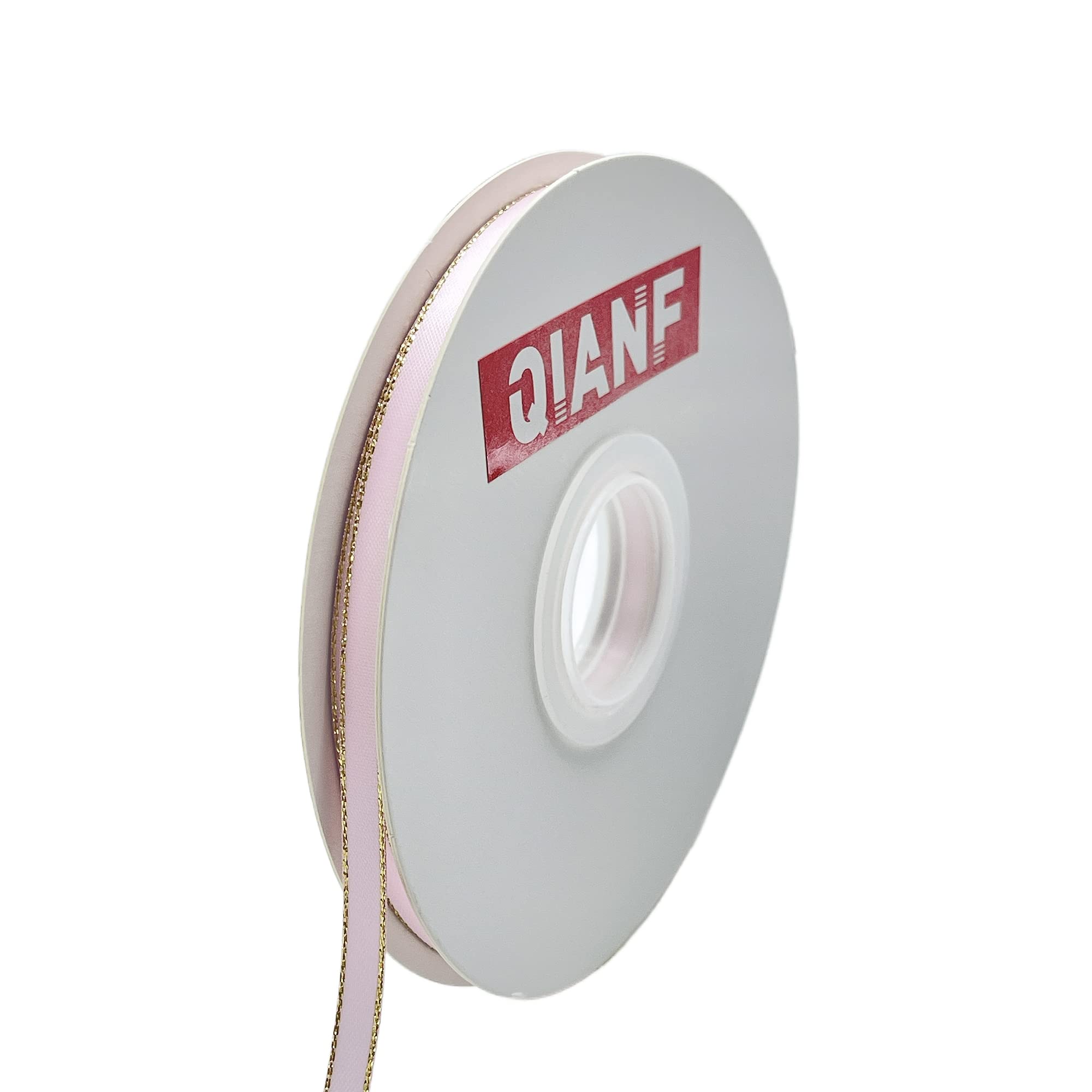 QIANF Pink Double Face Satin Ribbon with Gold Border - 1/4 Inch x 50 Yards - Perfect for Gift Wrapping, DIY Crafts, Hair Bows, and Wedding Decorations