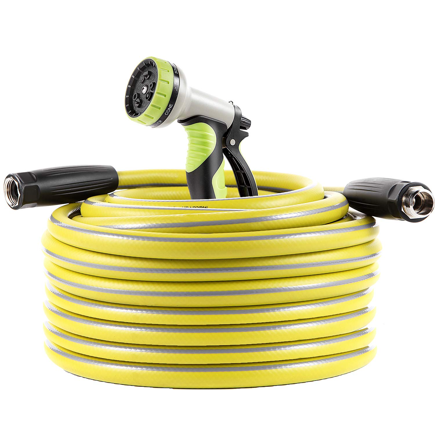 100 ft Heavy Duty Garden Hose with 9-Way Spray Nozzle - Flexible 4-Layer Hybrid Design, 3/4