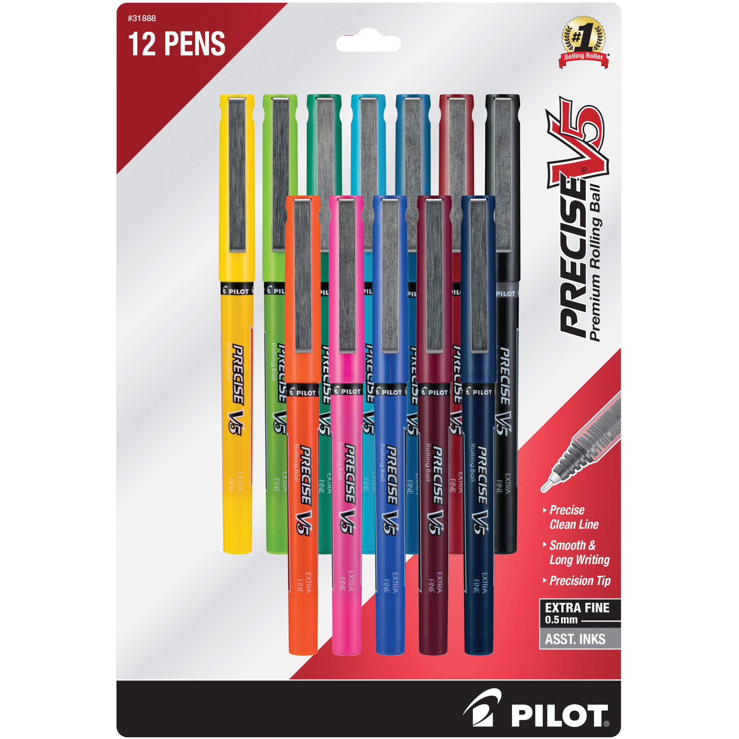 Pilot Precise V5 Rolling Ball Pens - Extra Fine 0.5mm Point - 12 Pack Assorted Colors - Smooth Liquid Ink for Writing, Note Taking & Office Use