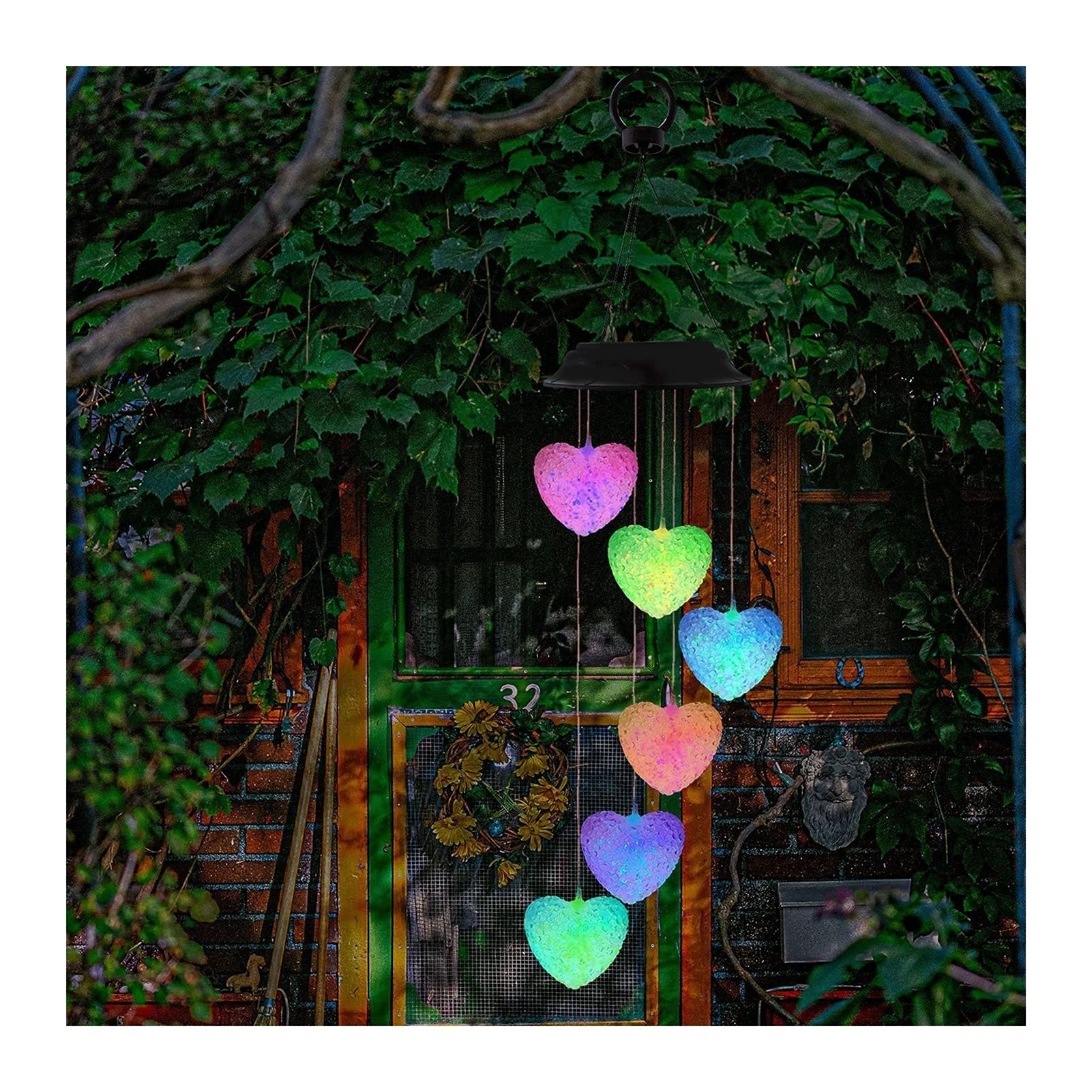 Solar Wind Chime with Color Changing LED Lights - Pink Love Hanging Lamp for Patio, Garden, Outdoor Decor | Perfect for Home, Courtyard, Party & Holiday Decoration | Creates Romantic Ambiance for Evenings & Special Occasions