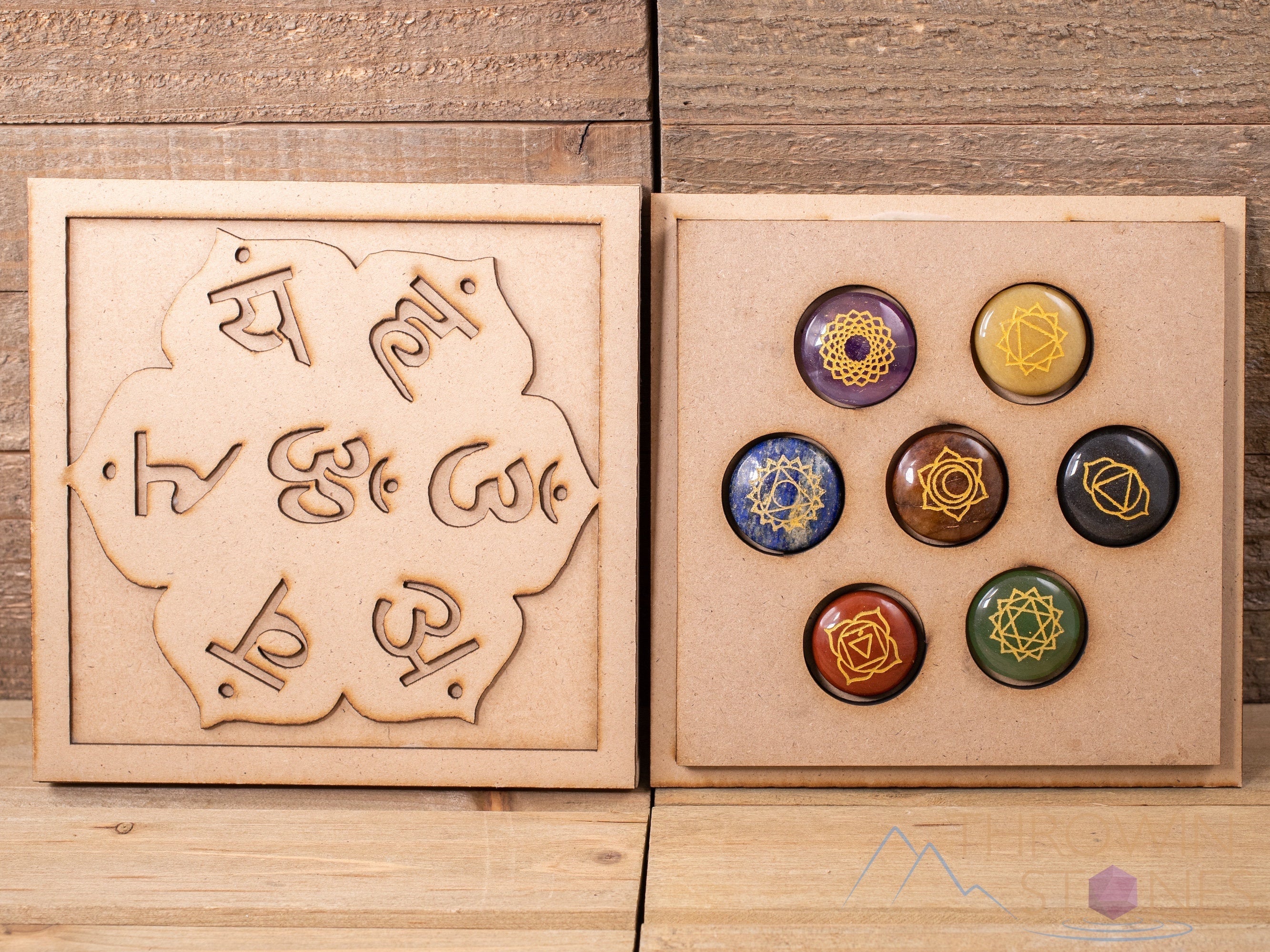 Chakra Healing Crystals Set with Wooden Grid Board - Om Namaste Sanskrit Spiritual Kit for Meditation, Reiki & Self Care | Beginner Crystal Collection E1755 for Home Decor & Energy Balancing