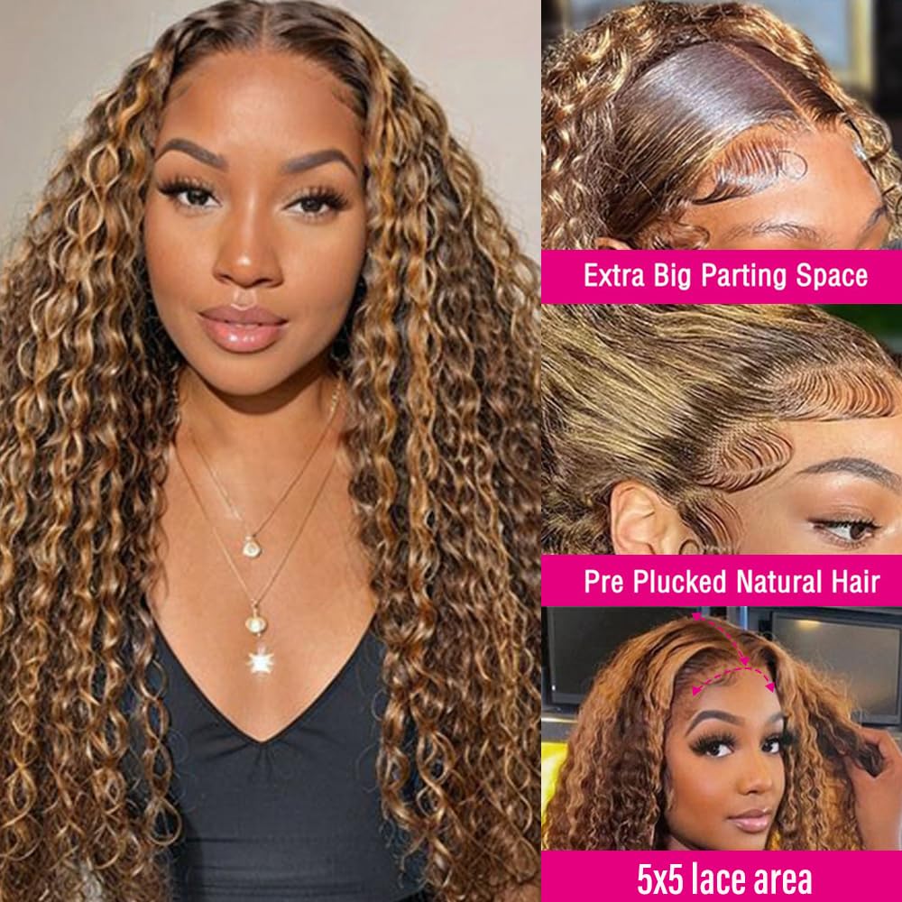 5x5 Water Wave Lace Front Human Hair Wig for Women - 180% Density HD Lace Closure Wig with Baby Hair, Pre-Plucked, Wet & Wavy Honey Blonde Curly 18 Inch - Perfect for Daily Wear, Parties, and Special Occasions