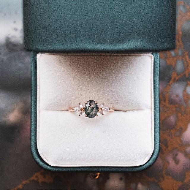 1.5CT Oval Natural Moss Agate Engagement Ring with Diamond Accents | Vintage Art Deco Wedding Band | Green Crystal Anniversary Jewelry for Women | Perfect for Proposals, Weddings & Special Occasions