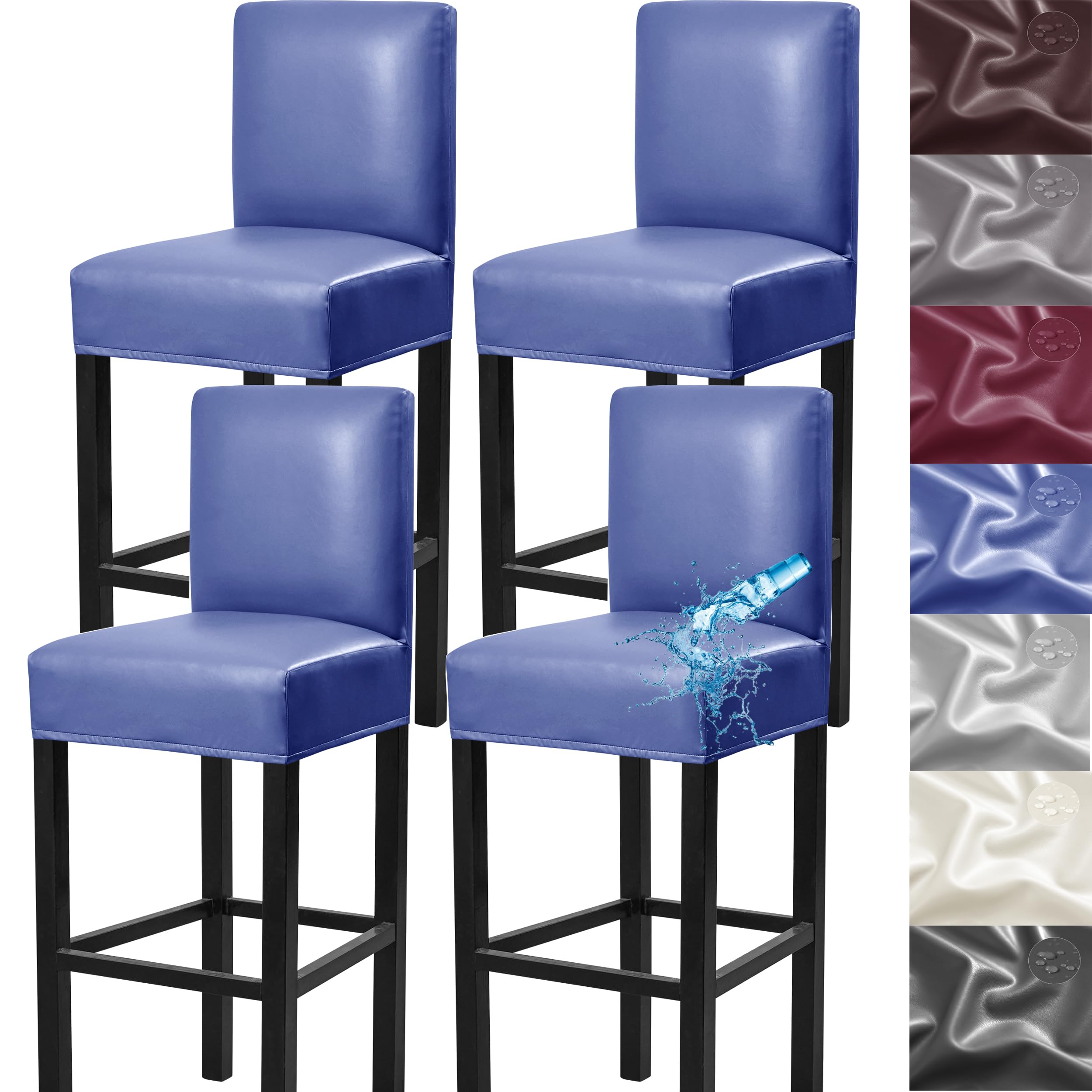4 Pack Stretch Waterproof PU Bar Stool Covers with Backs - Removable Slipcovers with Elastic Bands for Pub, Counter & Kitchen Chairs - Blue (Perfect for Home, Restaurant & Bar Use)