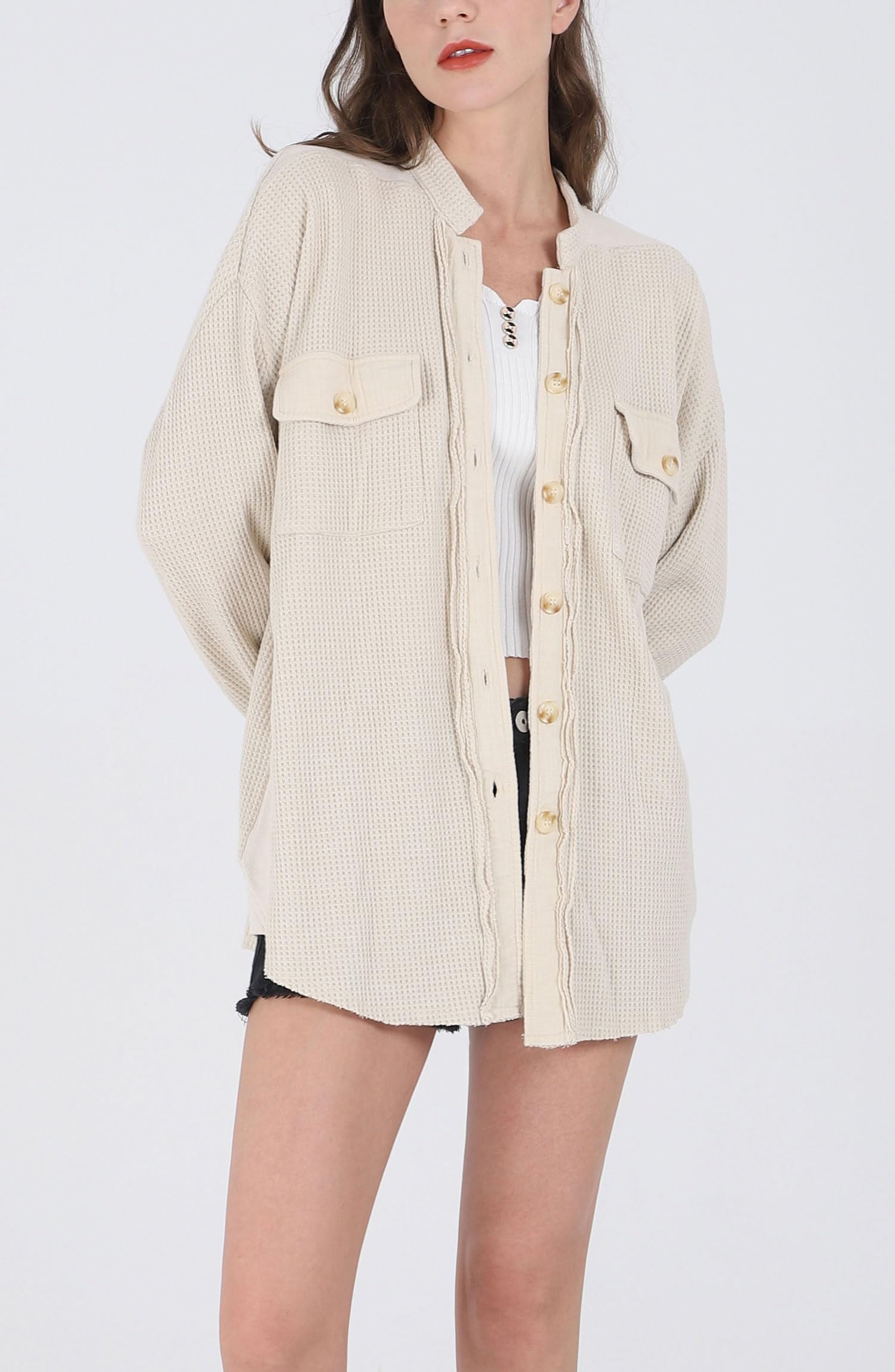 Women's Loose Fit Batwing Sleeve Waffle Knit Button Down Shirt Shacket - Casual Oversized Tops for Fall & Winter Layering, Workwear, and Everyday Outfits