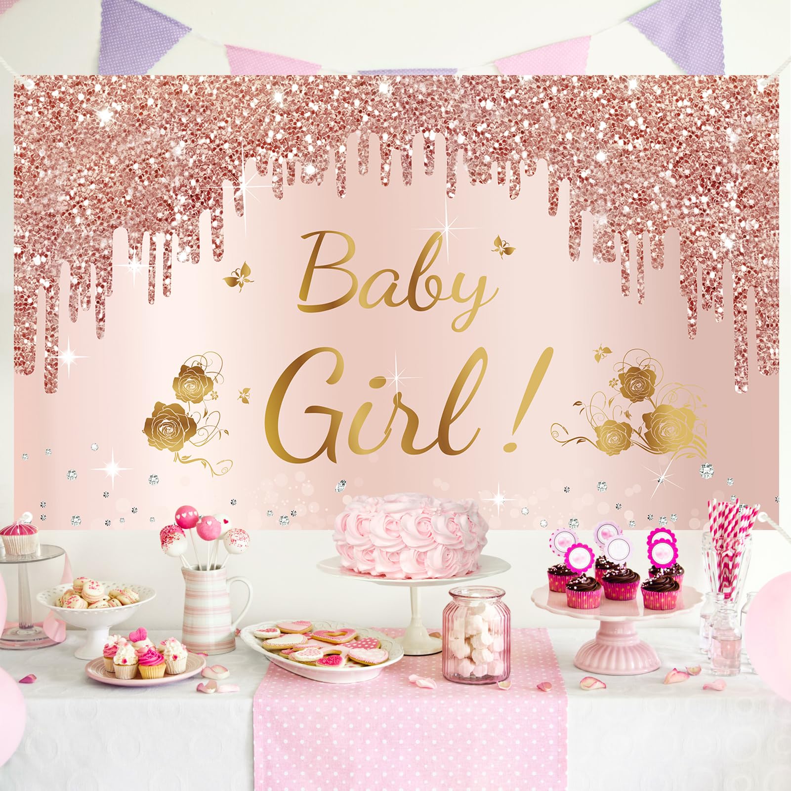 Pink Rose Gold Baby Girl Shower Decorations Set - Floral Banner, Backdrop & Photo Booth Props for Baby Shower Party, Newborn Celebration & Gender Reveal Events
