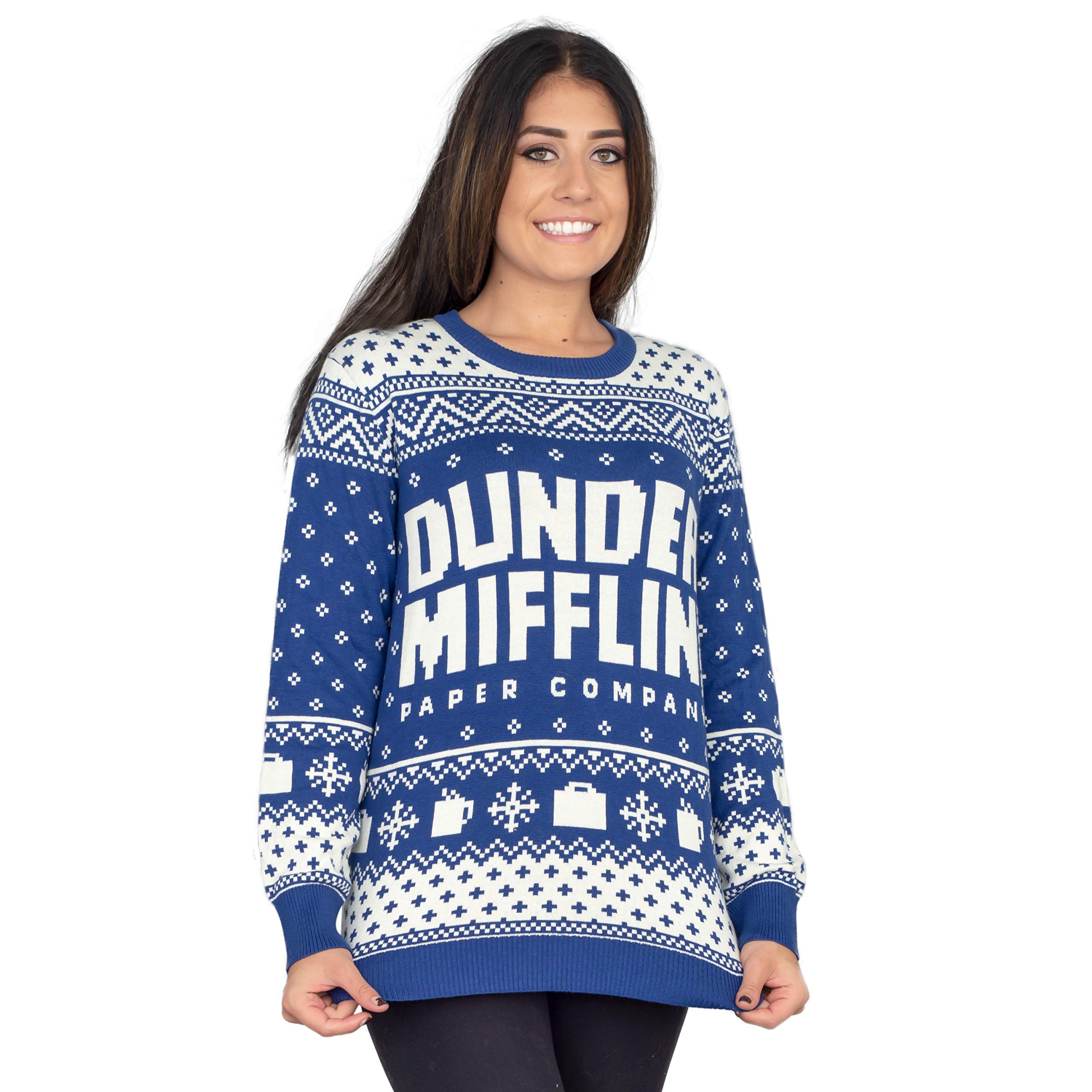 Dunder Mifflin Blue Ugly Christmas Sweater from The Office - Funny Holiday Party Outfit for Christmas, Ugly Sweater Contest & Festive Gatherings
