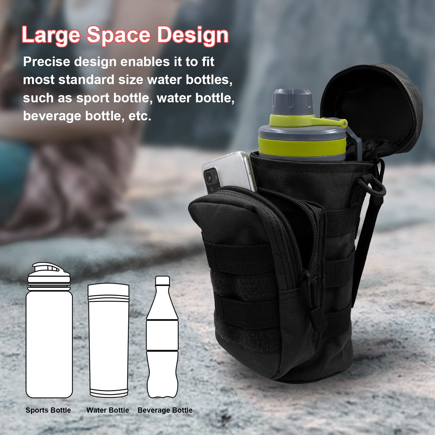 Tactical MOLLE Water Bottle Holder for Backpack - Military Grade Bottle Pouch Carrier with Metal Hook - Perfect for Hiking, Camping, Cycling & Outdoor Adventures