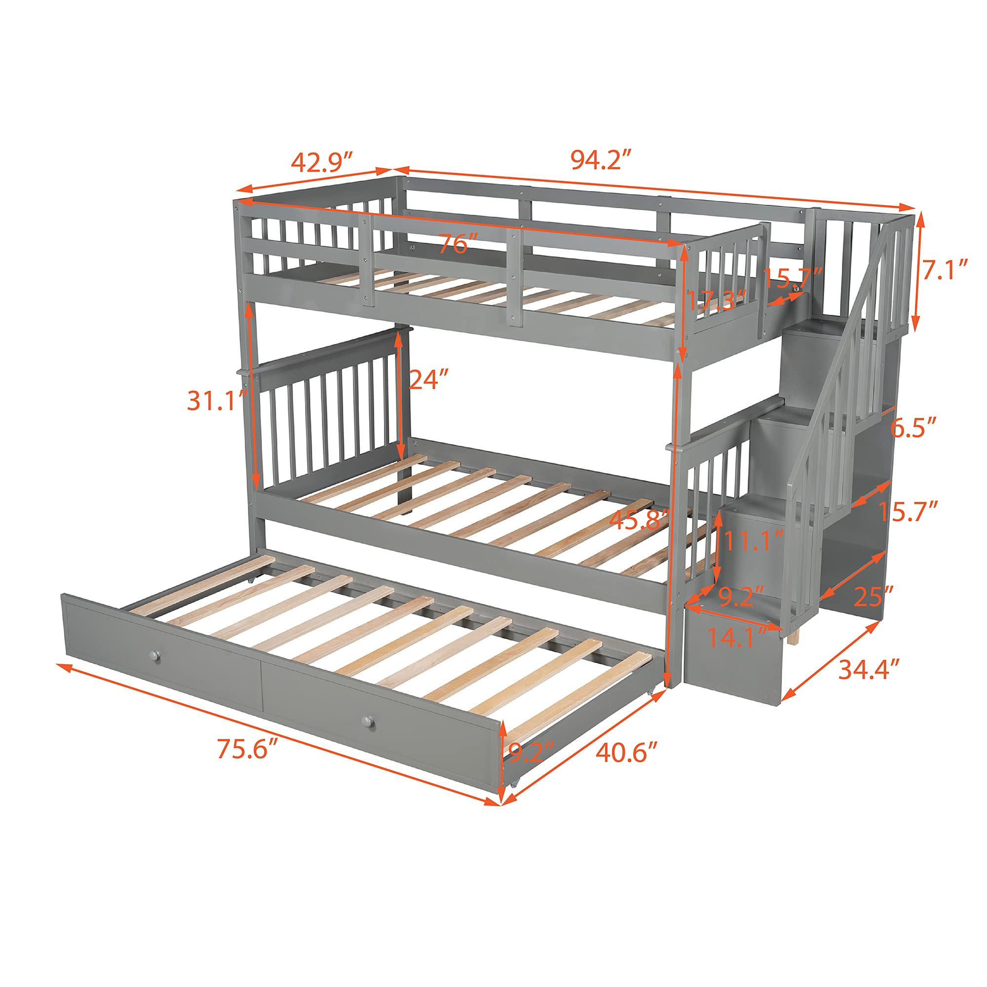 Twin Over Twin Bunk Bed with Trundle & 4-Step Storage Staircase - Safety Guard Rail Included - Space-Saving Bedroom Solution for Kids, Teens, Dorm Rooms & Small Spaces - No Box Spring Required - Perfect for Sleepovers, Guest Rooms & Shared Bedrooms