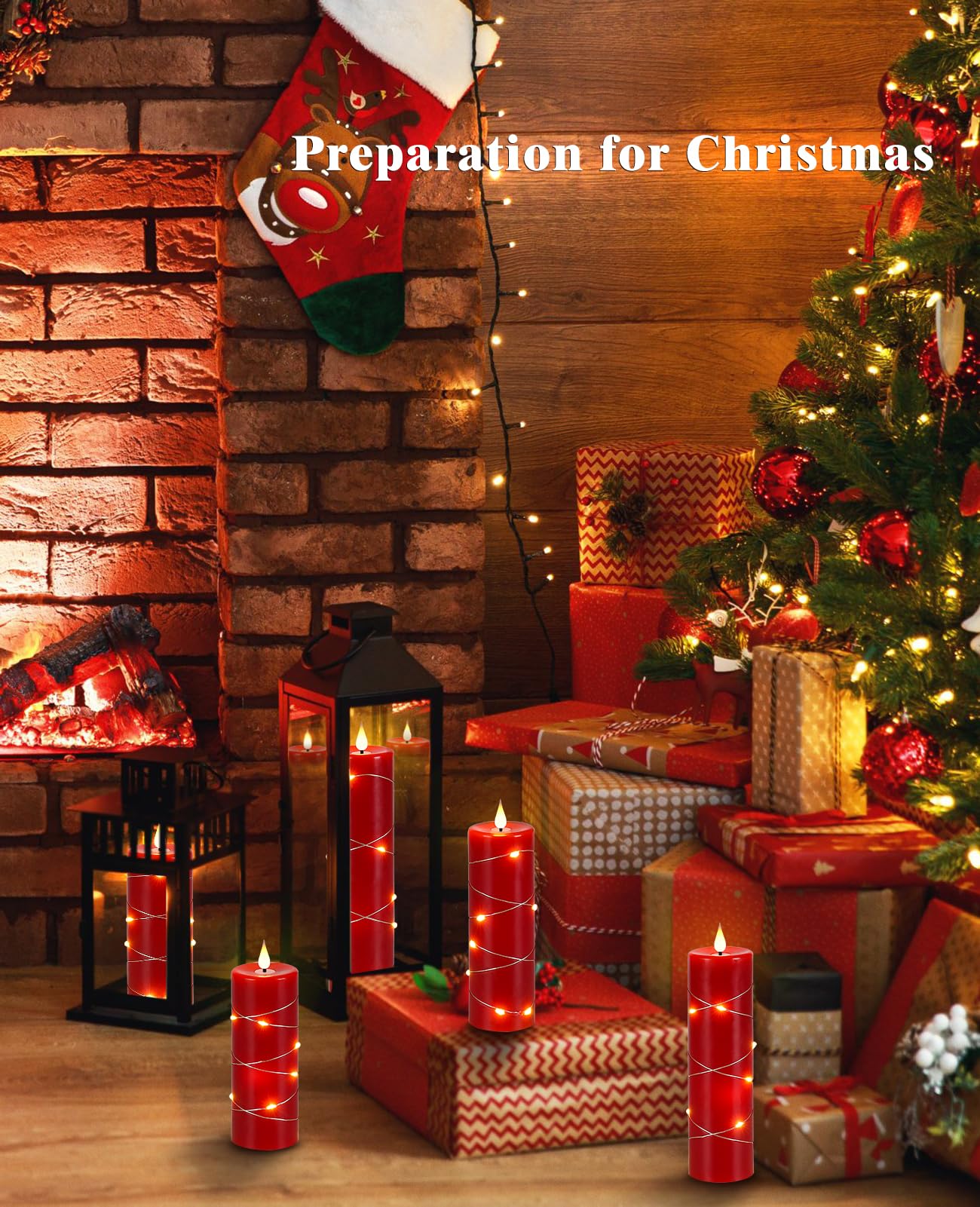 Upinmz Set of 5 Red Flameless LED Pillar Candles with Remote Control, Timer & Flickering String Lights - Battery Operated Decorative Candles for Home, Wedding, Party & Holiday Decorations