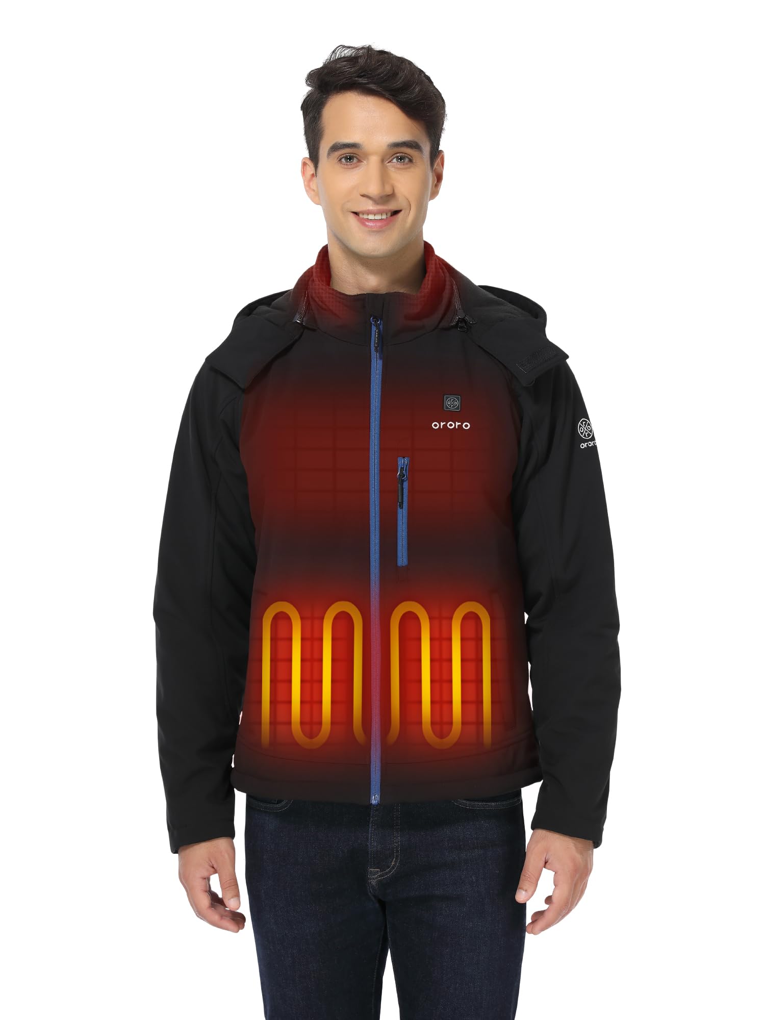 ORORO Men's 4 Heat-Zone Heated Jacket with Rechargeable Battery - Soft Shell Winter Jacket with Detachable Hood - Perfect for Outdoor Work, Skiing & Cold Weather Activities (Charger Not Included)