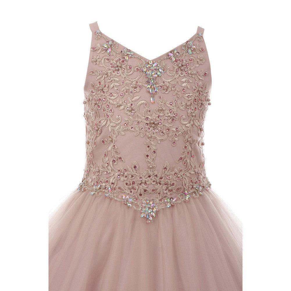 Elegant Dusty Pink Rhinestone & Pearl Embellished Tulle Junior Bridesmaid Dress for Big Girls - Size 16 | Perfect for Weddings, Prom, Pageants & Special Occasions